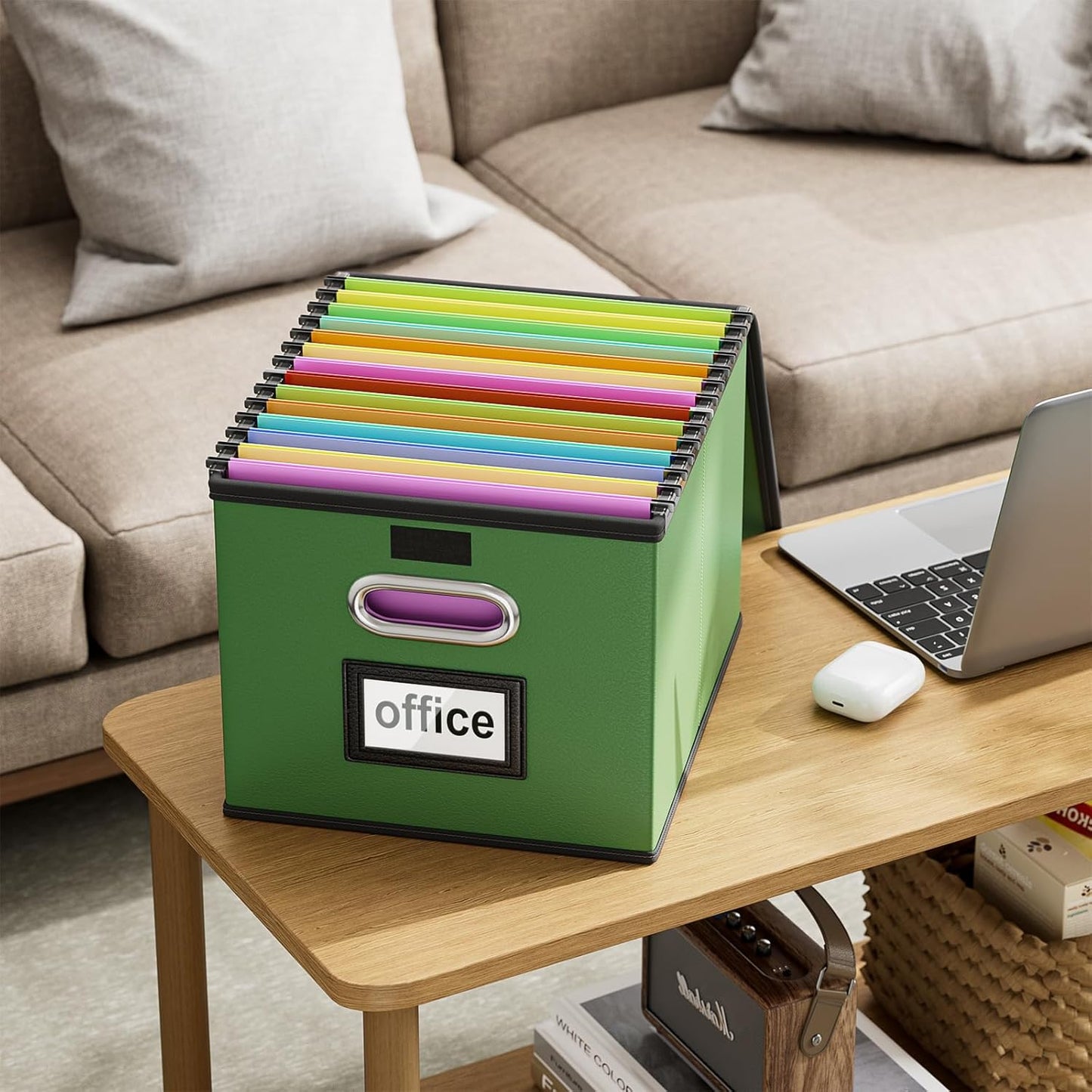 Huolewa Portable Leather File Organizer Storage Boxes, Collapsible File Folder Organizer Boxes with Lids, Document Organizer, Decorative Filing Box Cabinet for Letter/Legal File Folder Storage