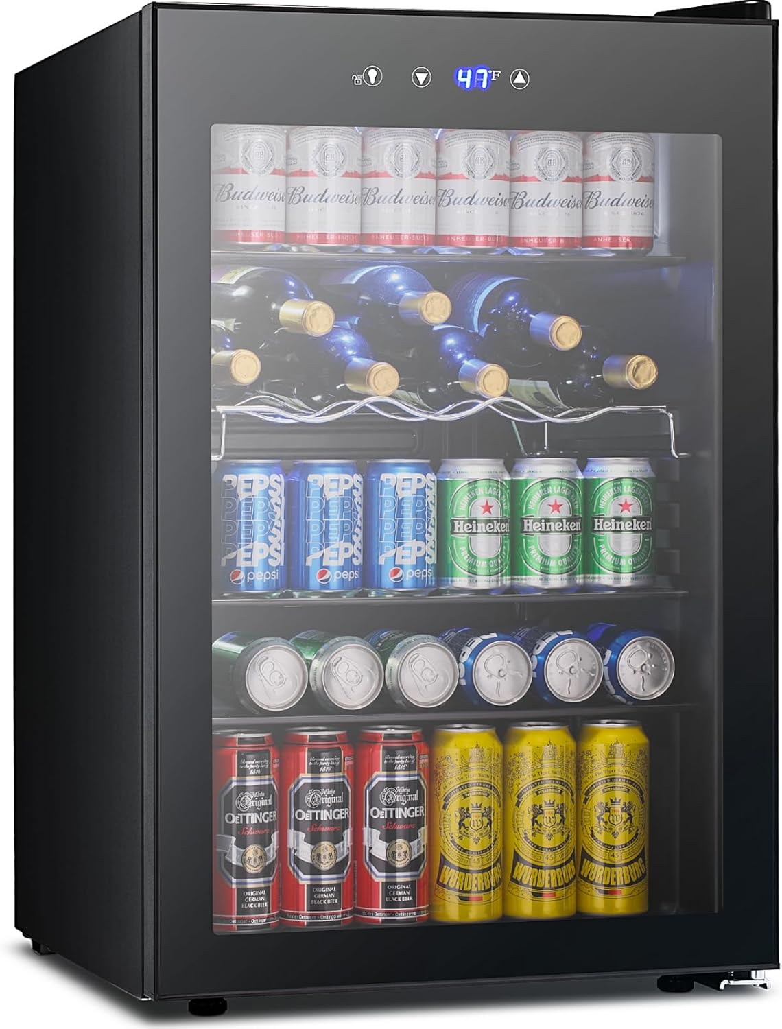 37 Bottle Wine Fridge,Freestanding 145 Can Beverage Refrigerator with Smart Temperature Control，4.5 CU FT Quiet Mini Fridge with Child Lock Panel for Family Restaurant Bar, Black