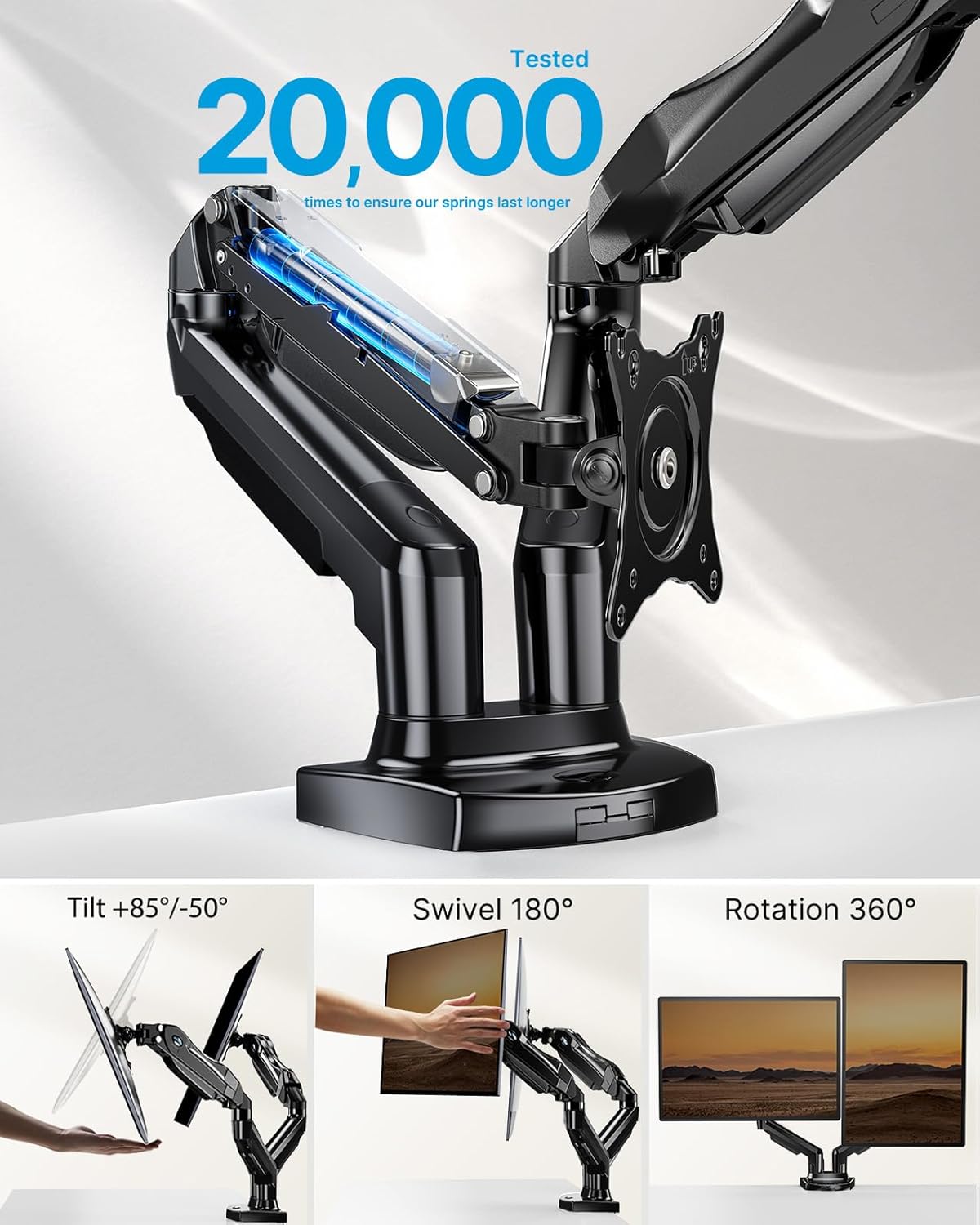 HUANUO Dual Monitor Stand - Full Adjustable Monitor Desk Mount Swivel Vesa Bracket with C Clamp, Grommet Mounting Base for 13 to 32 Inch Computer Screens - Each Arm Holds 4.4 to 19.8lbs