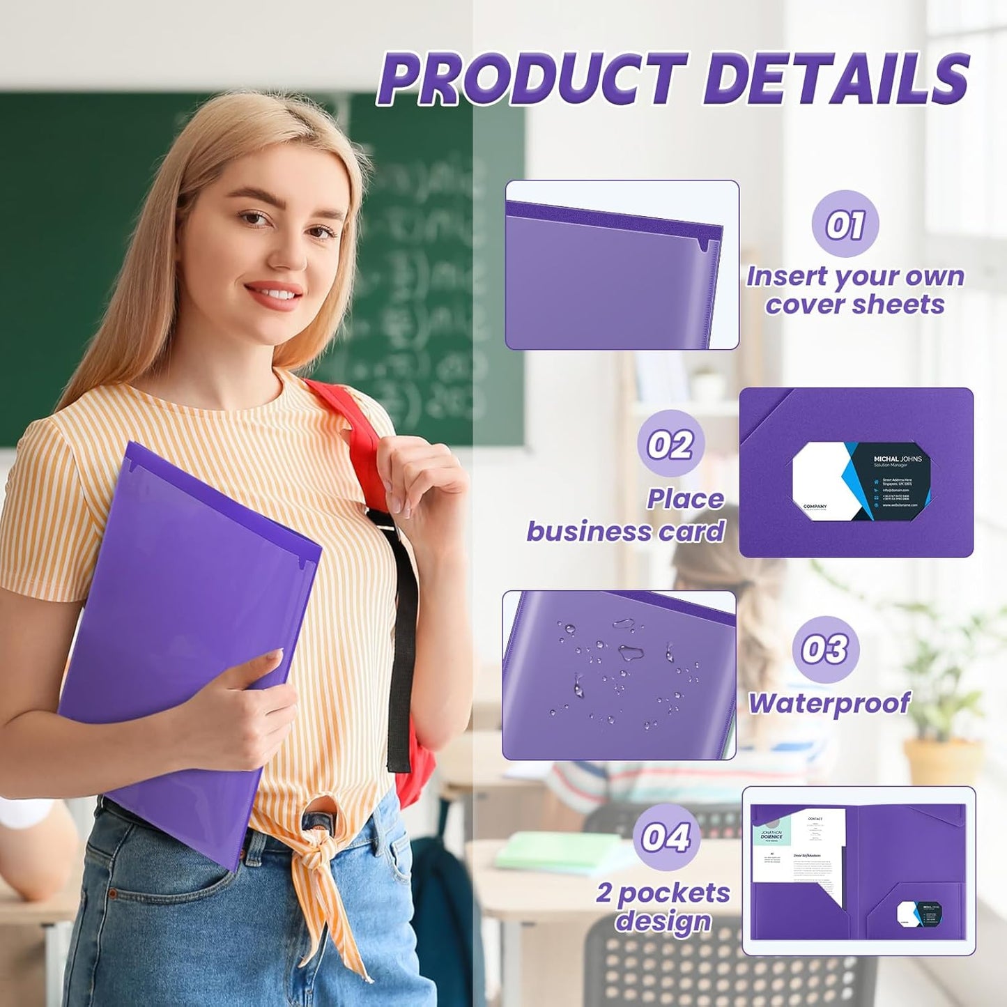 Henoyso 150 Pcs Plastic Folders with Clear Front Pockets Bulk Heavy Duty File Folders with 2 Pockets and Card Slot for Student Teacher Back to School Supplies Office Presentation (Purple)