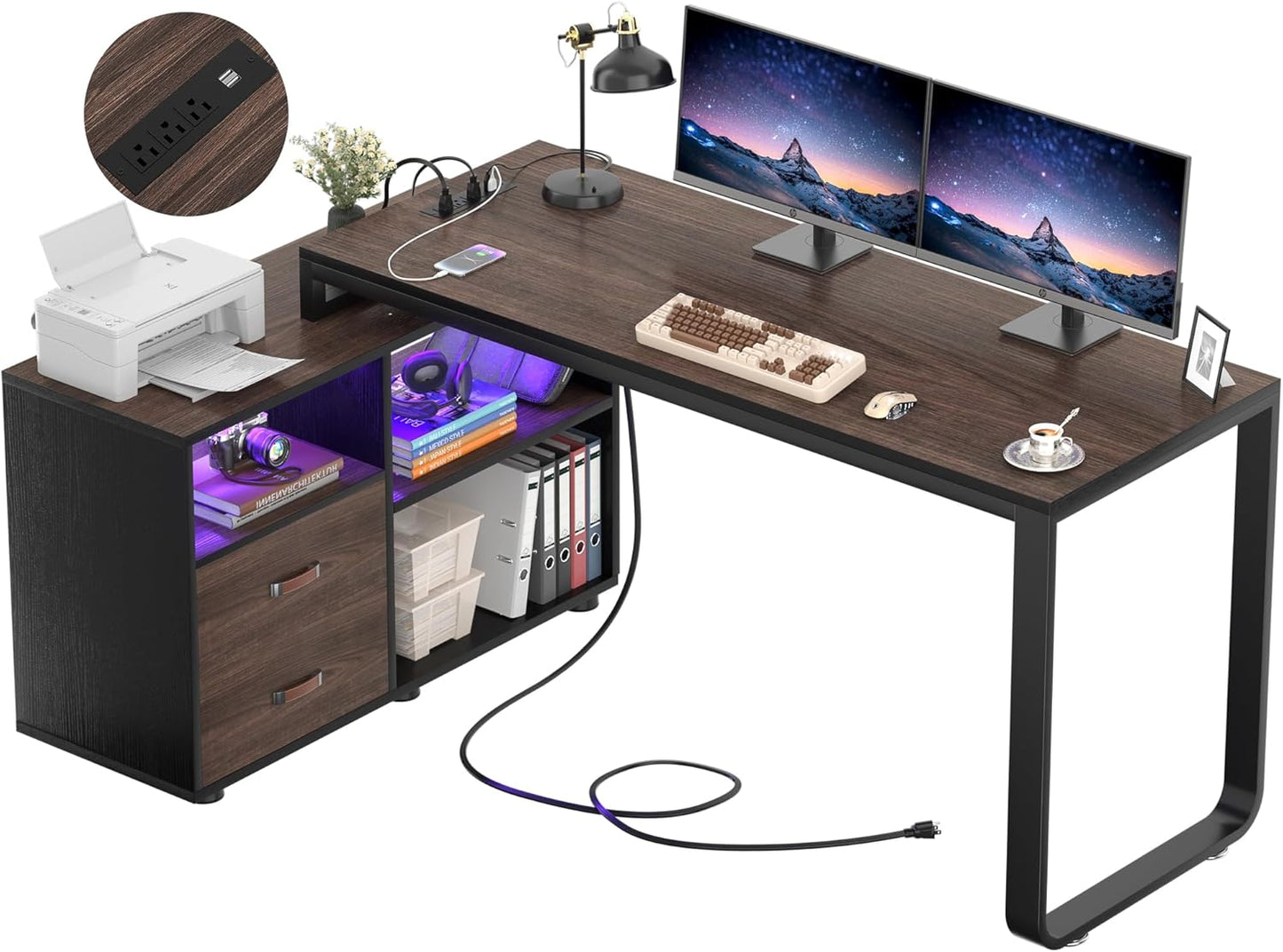 Homieasy L Shaped Desk with File Cabinet & Power Outlet, Reversible 55 Inch Large Corner Computer Desks with LED Strip, L-Shaped Computer Desk with Drawers and Storage Shelves, Espresso