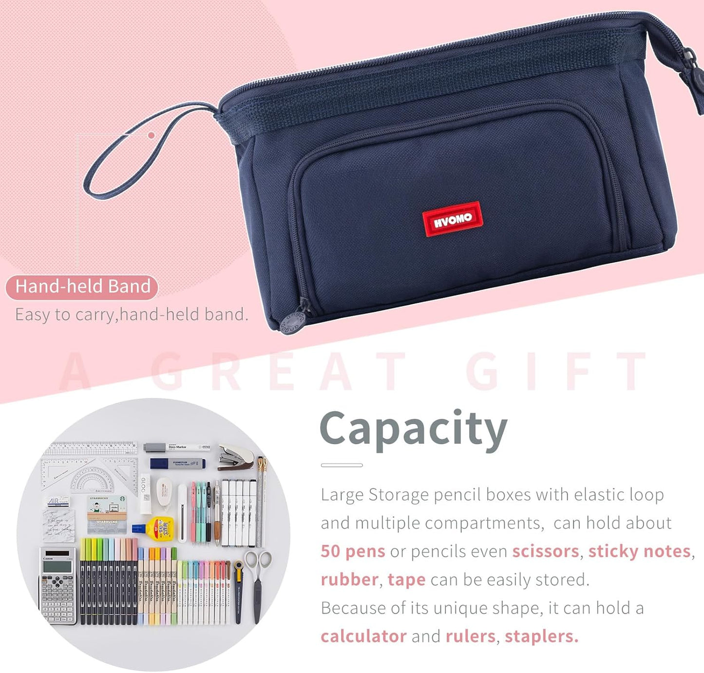 HVOMO Pencil Case Large Capacity Pencil Pouch Handheld Pen Bag Cosmetic Gift for Office School Teen Girl Boy Men Women Adult (Navy)