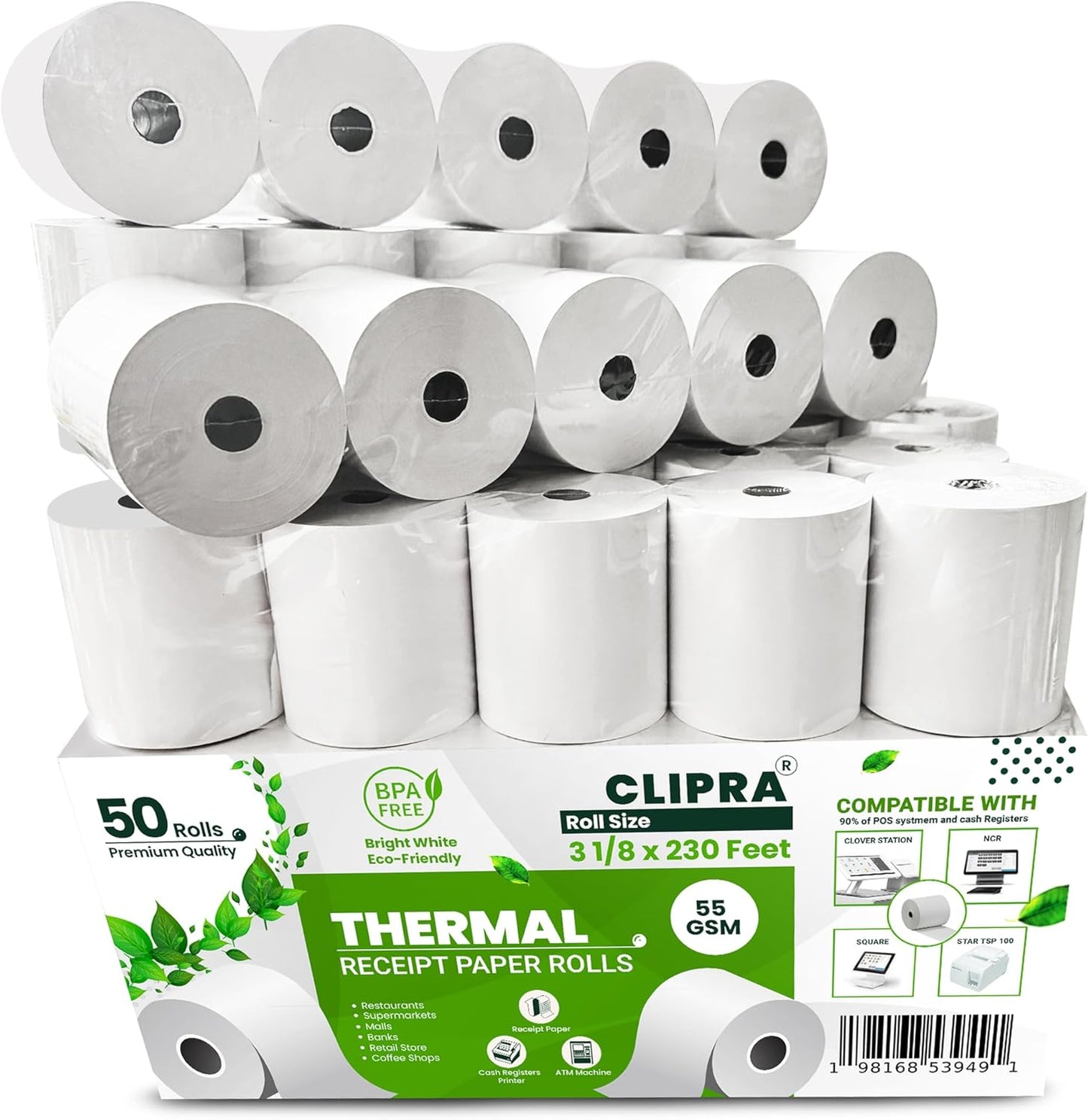 3 1/8 x 230ft Thermal Paper Receipt Rolls (50 PACK) 55 GSM - Compatible with ALL POS Systems, Cash Registers - BPA Free, Premium Quality Receipt Paper Rolls