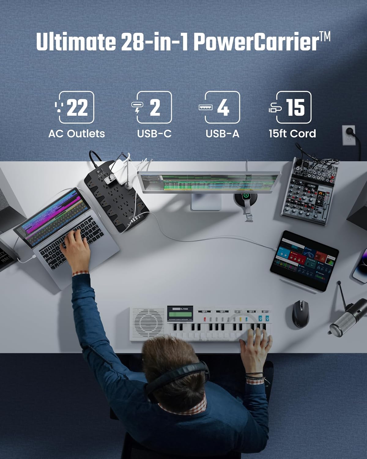 15 Ft Extension Cord Power Strips with Surge Protection, SUPERDANNY Surge Protector with 22 Outlets, 2 USB-C and 4 USB-A, 2100J, 15Ft Flat Plug Heavy Duty Extension Cord (1875W/15A) for Office, School