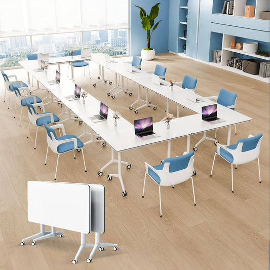 2Pack Folding Conference Room Table, Modern Conference Tables with Silent Wheels, Large Rectangular Mobile Training Tables for Office Classroom, Foldable Modular Seminar Table White (L70.9in)