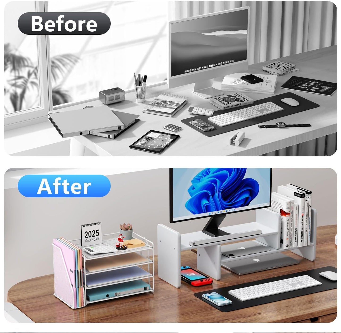 gianotter 4-Tier Paper Organizer With Magazine Holder, Desk Organizers and Accessories, White Desk Accessories, File Organizer for Office Supplies Storag(White)