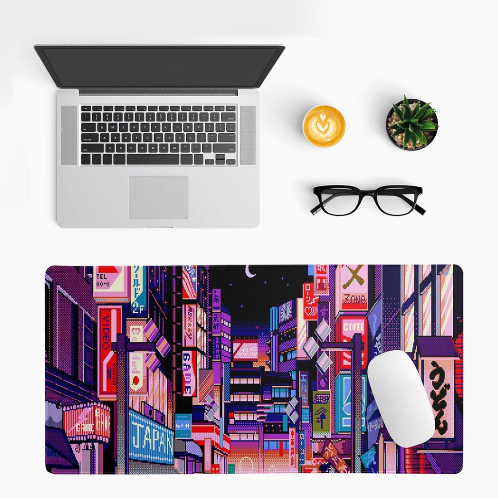 Dark Purple Japanese Gaming Mouse Pad Abstract Anime Mat 27.6x11.8 Inch Tokyo Pixel Street Texture Non-Slip Rubber Base Kawaii Mousepad Stitched Edges Keyboard Desk Pad for Office and Home Game