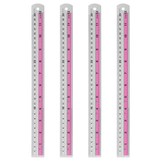 HARFINGTON 4pcs Metal Straight Ruler 30cm Metric SAE Aluminum Alloy Measuring Rulers Scale Tools with Hole for Measure Study Reading Classroom Office, Pink