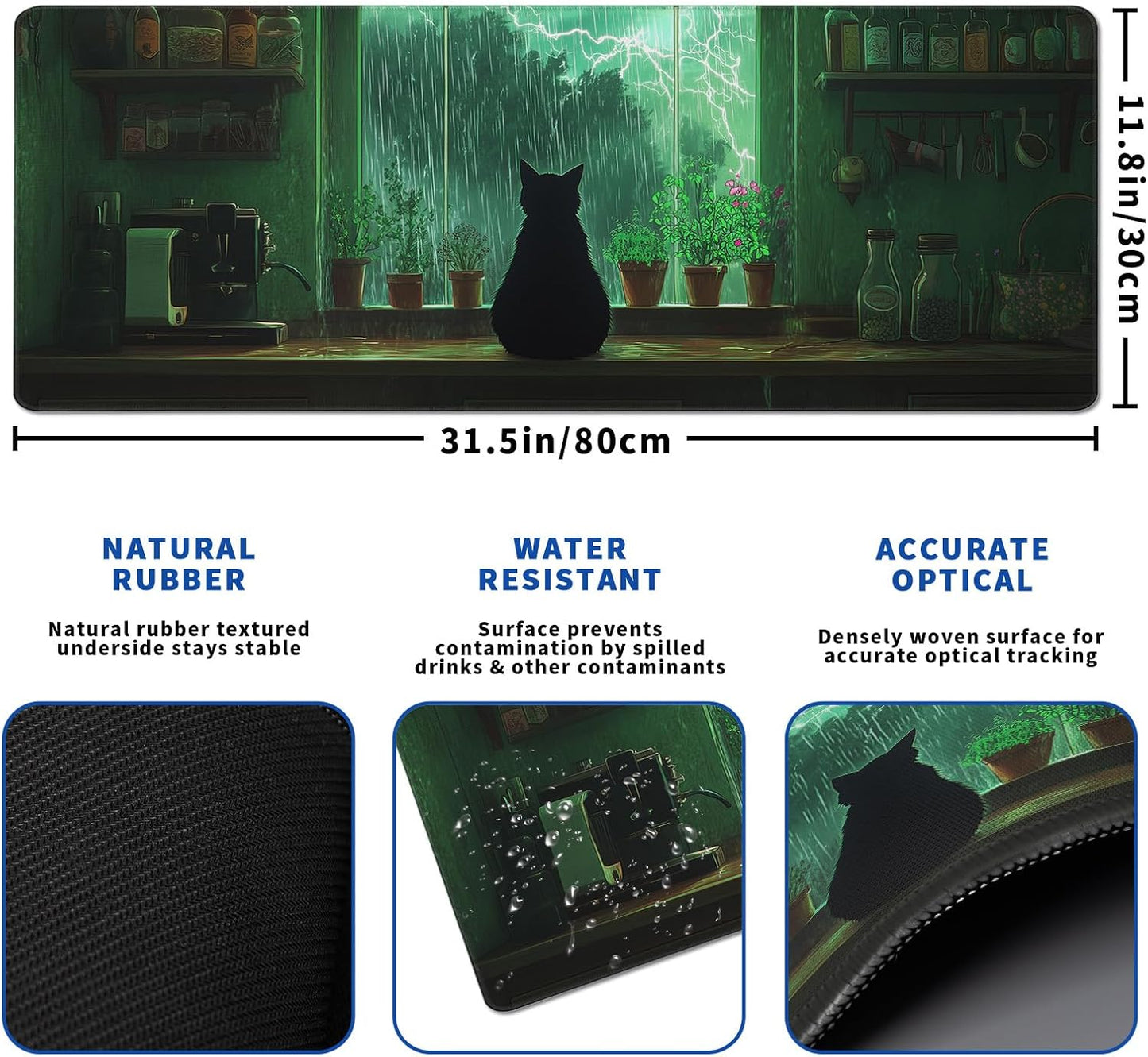 Green Black Cat Mouse Pad Abstract Big Mouse Pad 31.5x11.8 Inch Cat Texture Non-Slip Rubber Base Large Mousepad Stitched Edges Keyboard Mouse Mat Desk Pad for Office and Home