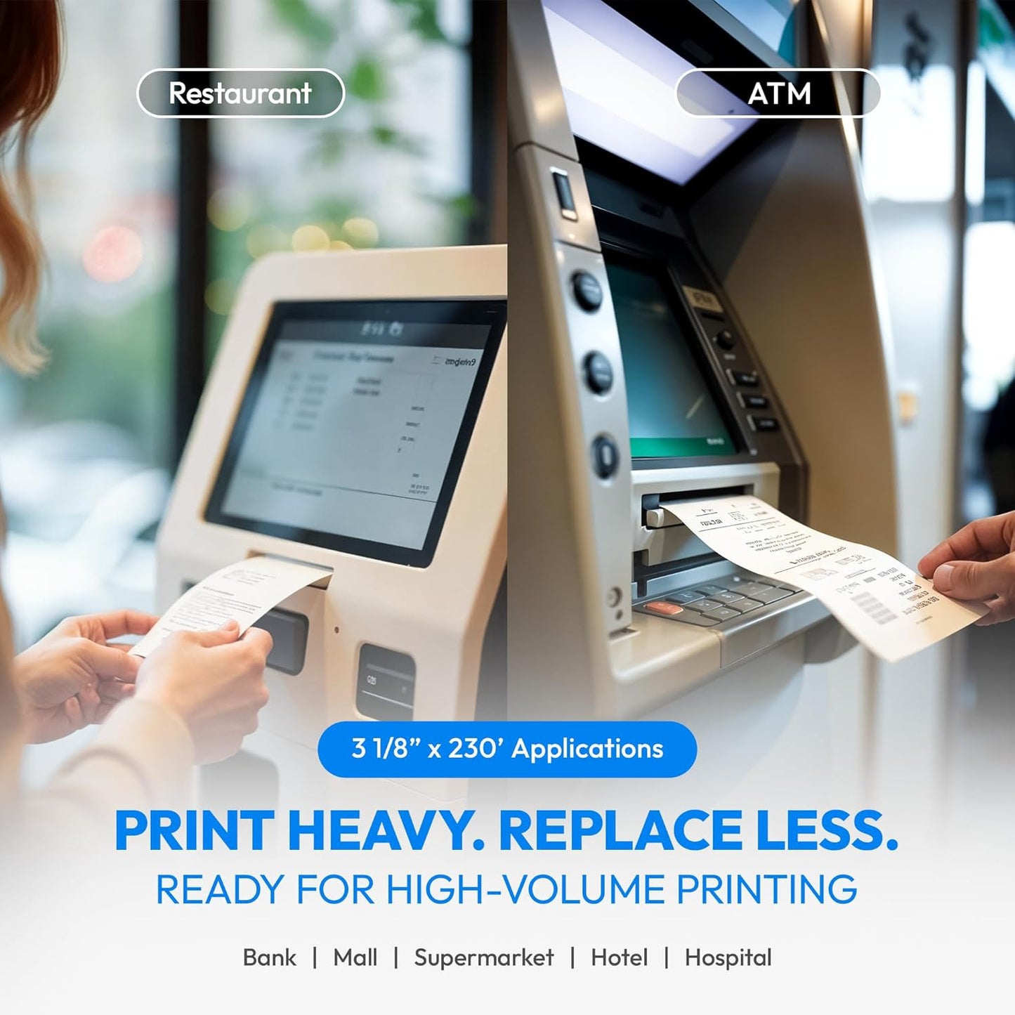 3 1/8" x 230' Thermal Paper (20 Rolls), BPA Free Receipt Paper, Fits Most Credit Card Machines POS & Cash Registers, High Compatibility, Bright White, Honeycomb Core, Durable Printing