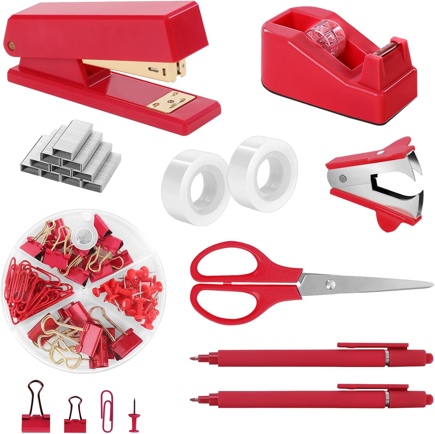 SKYDUE Red Office Supplies Set, Desk Accessories, Stapler, Tape Dispenser, Scissors, Binder/Paper Clips and 1000pcs Staples, Office Decor for Women