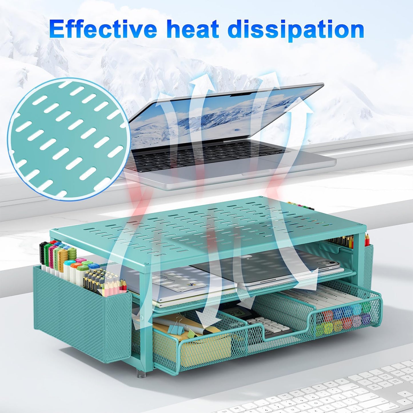 gianotter Desk Organizers and Accessories, Monitor Stand with Drawer and 2 Pen Holder, Desktop Organizer Suitable for Offices and Dormitories (Blue)