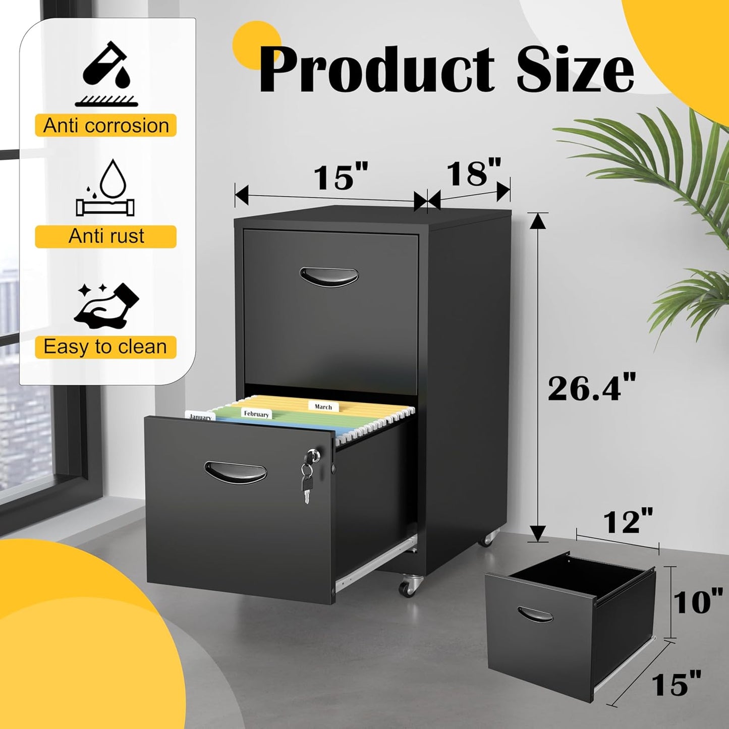 2 Drawer File Cabinet with Lock，Black Rolling File Cabinet for Home Office, Metal Small Mobile Filing Cabinets on Wheels for Hanging Letter