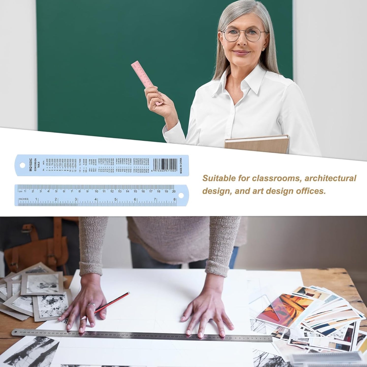 HARFINGTON 2pcs Metal Straight Ruler 20cm Metric SAE Aluminum Alloy Measuring Rulers Scale Tool with Hole for Measure Study Reading Classroom Office, Light Blue