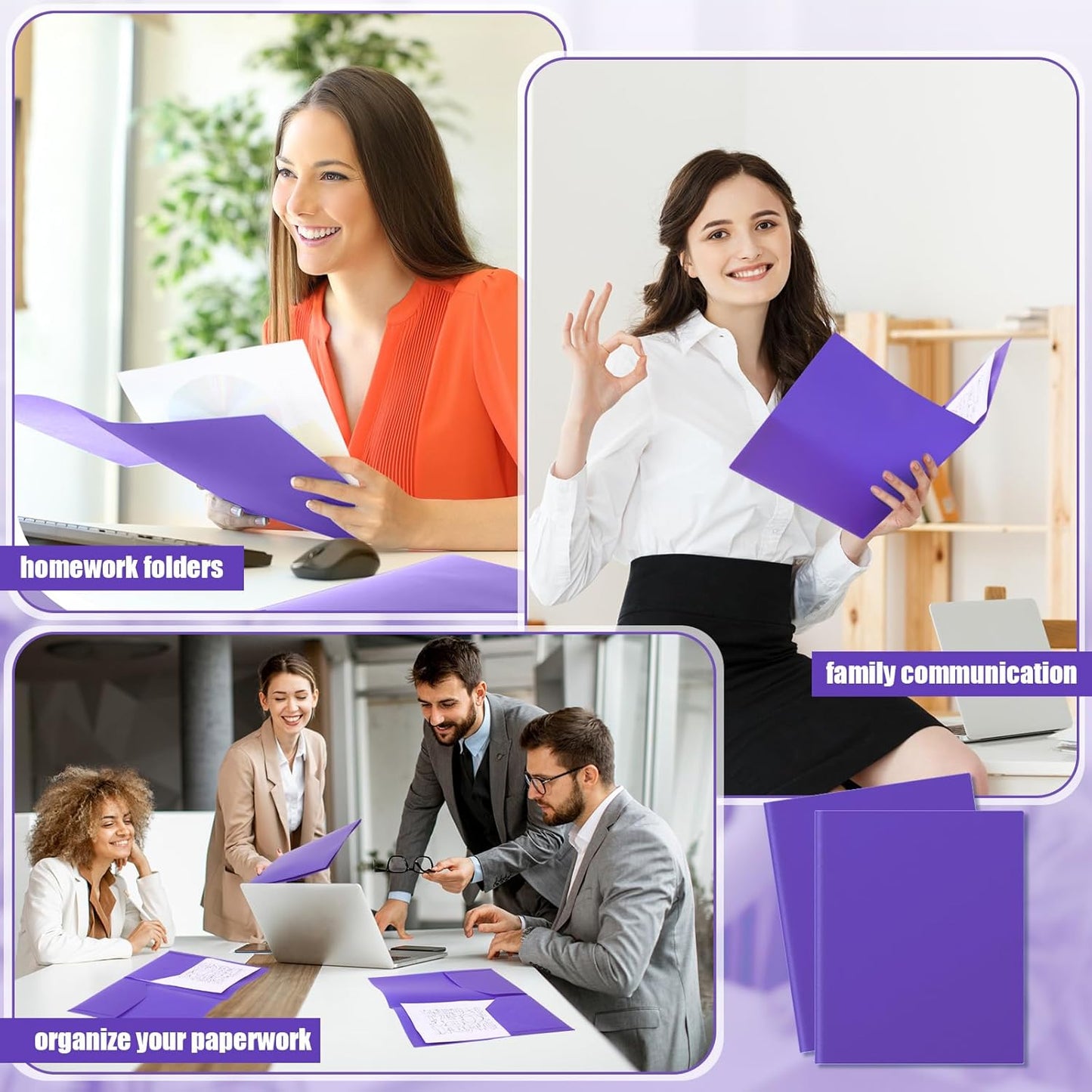 Gueevin 300 Pcs Plastic Folders with Pockets, Two Pocket Folder Fit 8.5 x 11 Inch Letter Size Paper, Heavy Duty School Folders Business Card Holder for Home Office School Bussiness (Purple)