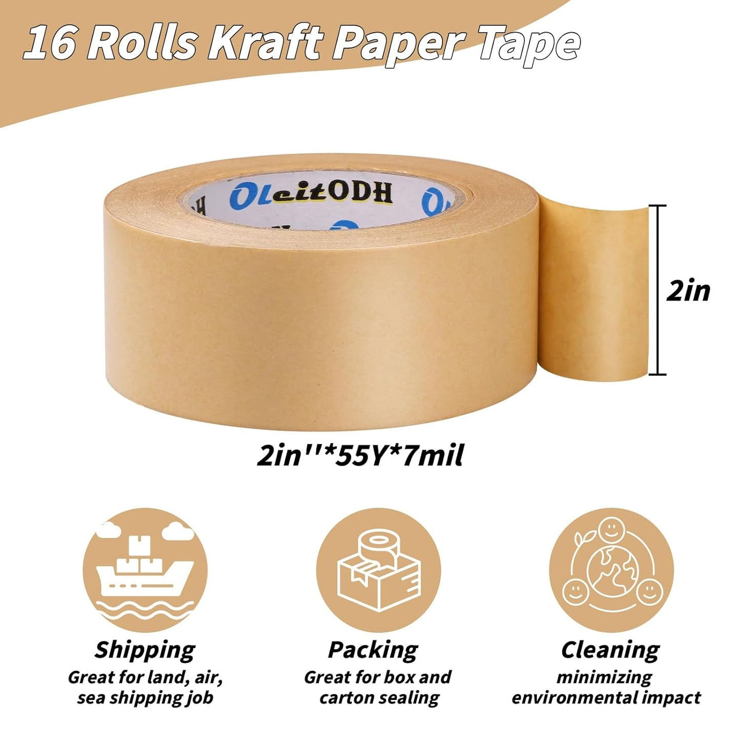 16 Pack Brown Paper Packing Tape, Kraft Paper Tape Bulk 2" x 55 Yardx 7 mil Gummed Tape for Marking, Sealing Box, Masking, Shipping, Strong Adhesive Easy-to-Tear Waterproof Tape