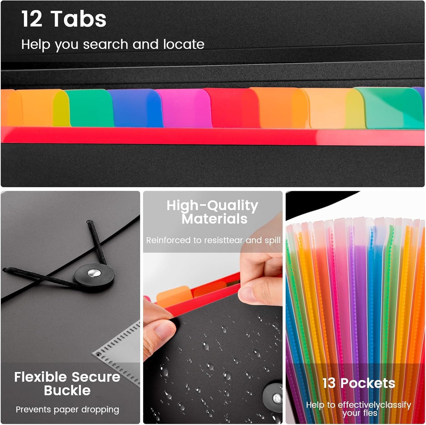 13 Pocket Expanding File Folder Accordian File Organizer, A4 Letter Size Paper Document Receipt Holder for School Office Supplies, Black