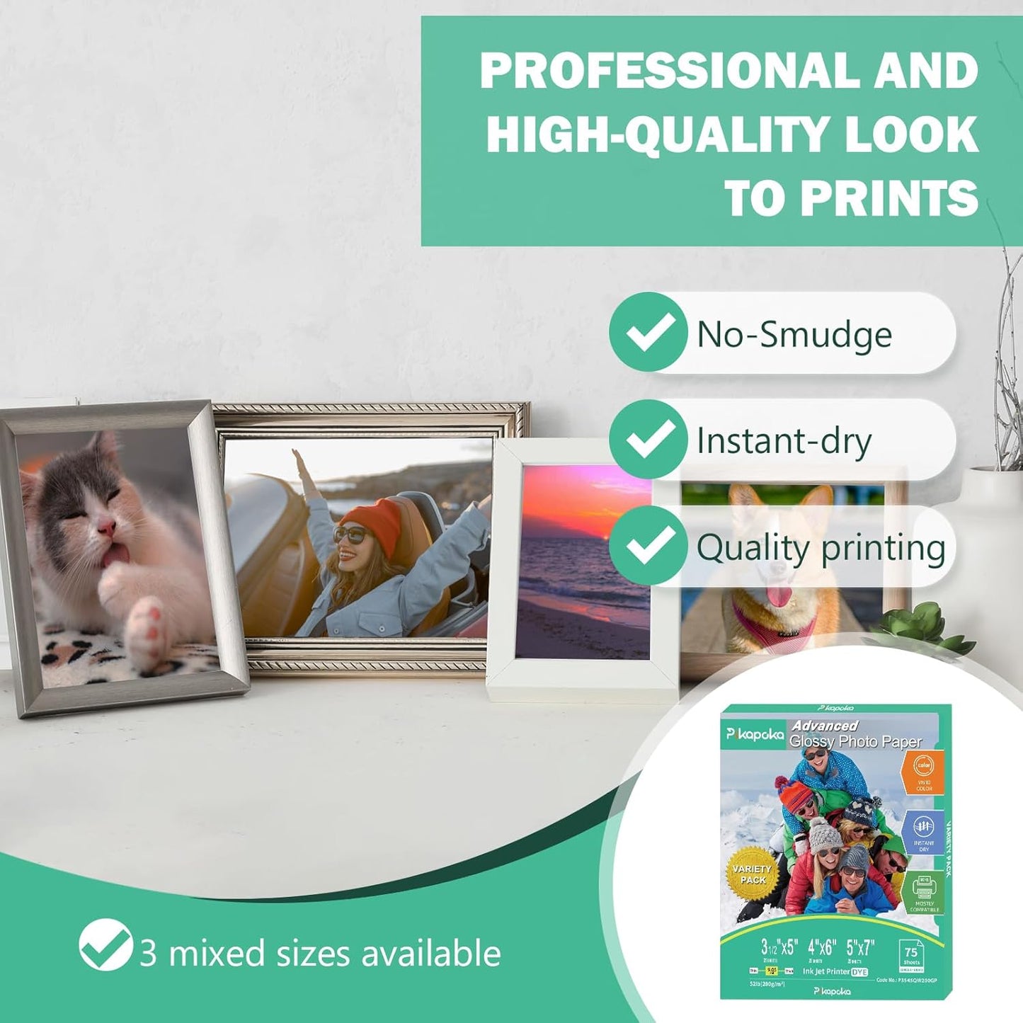 Glossy Photo Paper 3.5x5, 4x6, 5x7, Photo Printer Paper for Inkjet, 75 Variety Pack, Assorted Sizes, 52lb/200gsm