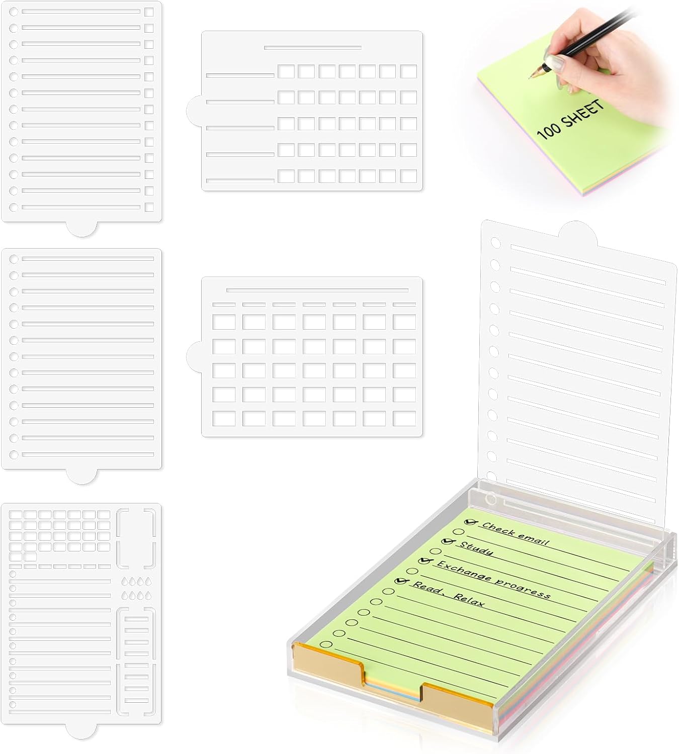 4" x 6" Sticky Notes Holder with 5 Different Stencil & 100 Sheet Post It Notes Clear Acrylic Self-Stick Sticky Note Dispenser Post It Note Holder Memo Organizer for Classroom Office Desk Organizer
