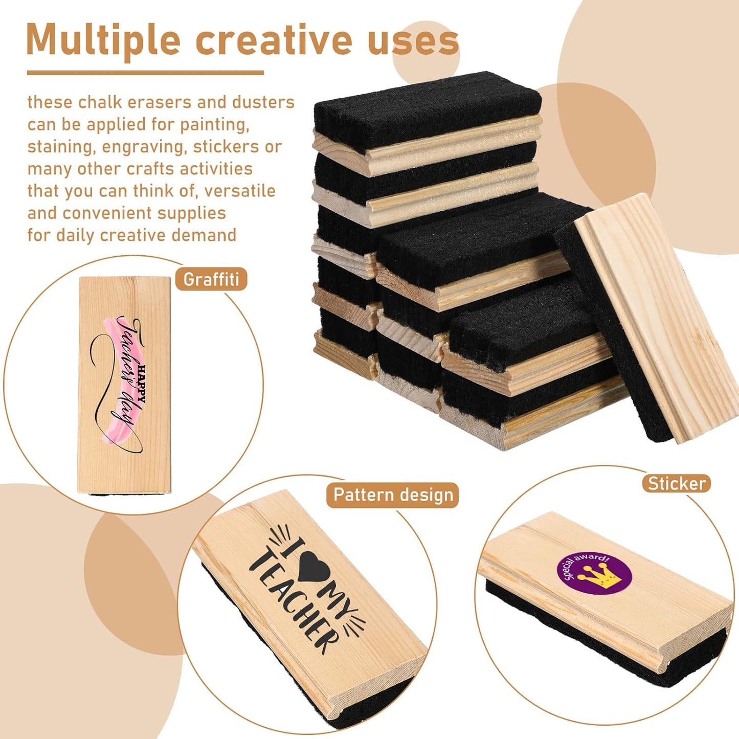 Fumete 108 Pcs Felt Chalkboard Erasers Bulk Back to School Classroom Supplies Wooden Chalk Eraser for Chalkboard Cleaner Duster for Markers White Black Boards Paint School Students Teachers