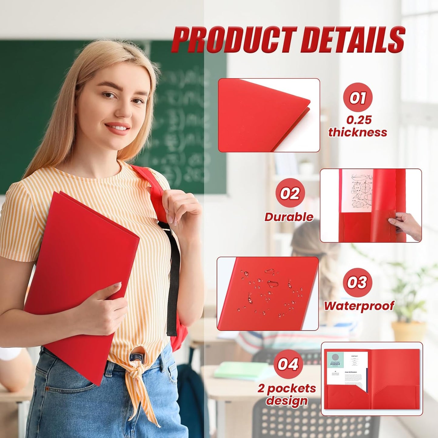 Gueevin 24 Pcs Plastic Folders with Pockets, Back to School Two Pocket Folder Fit Letter Size, Heavy Duty School Business Card Holder for Home Office, 11. 61 x 9. 45 Inches (Red)