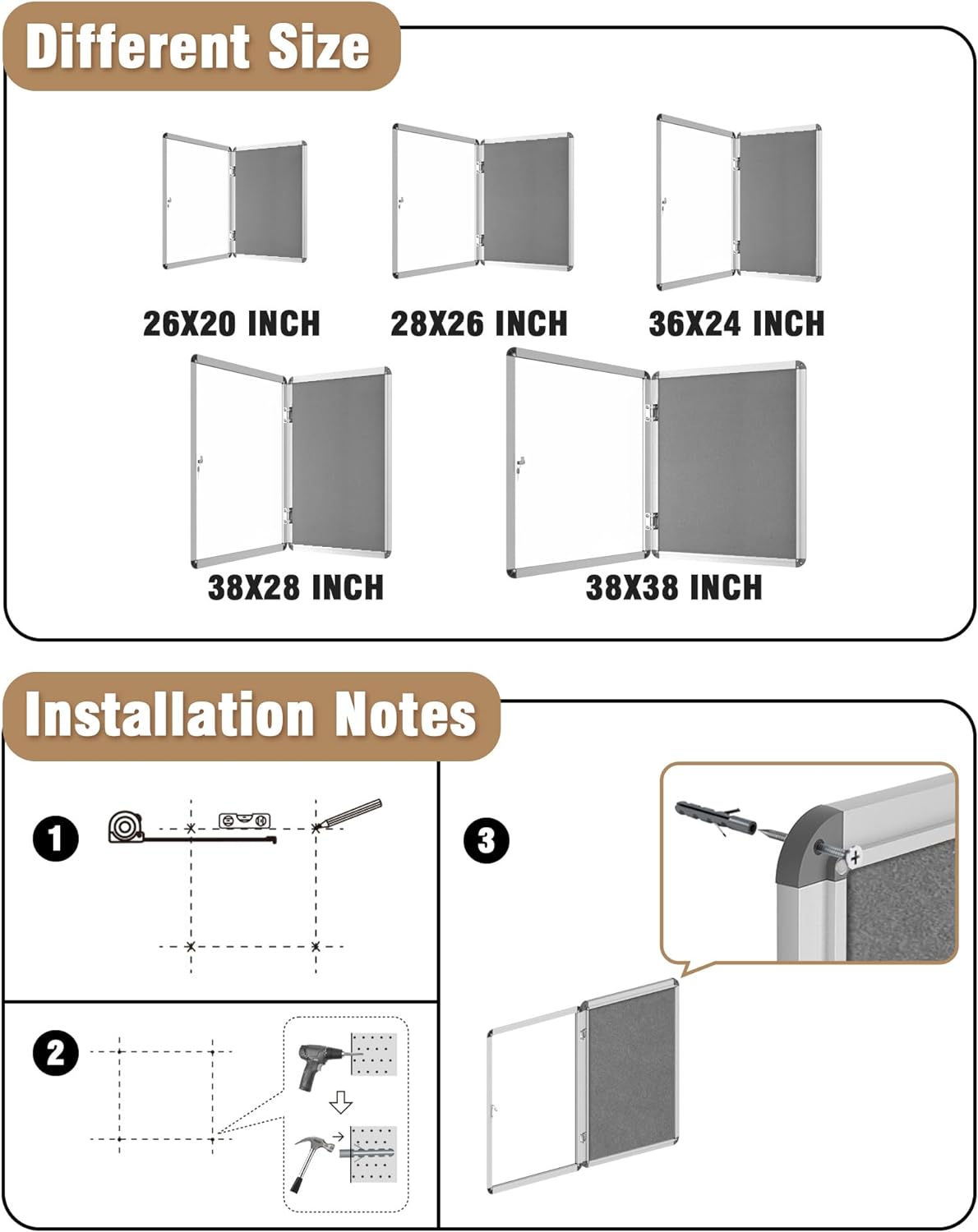 38"x28" Enclosed Bulletin Board, Lockable Weather-Resistant Aluminum Cork Noticeboard for School & Office, Silver Frame w/Grey Flet