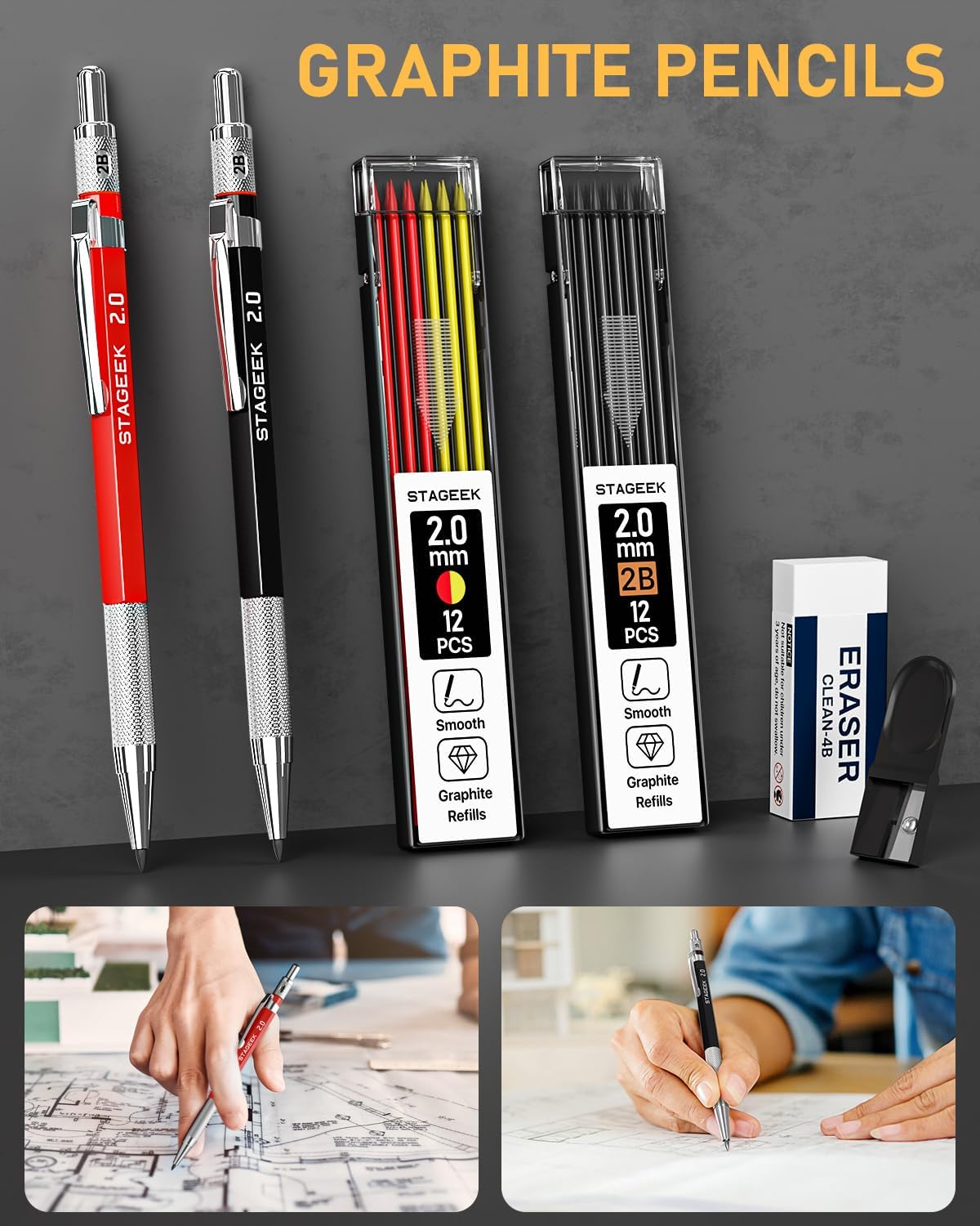 17 Pack Mechanical Carpenter Pencil Set with Sharpener 40 Refills, Automatic Center Punch, Carbide Scribe Tool, Eraser and Deep Hole Marker Pen, Heavy Duty Construction Pencil for Architect with Pouch