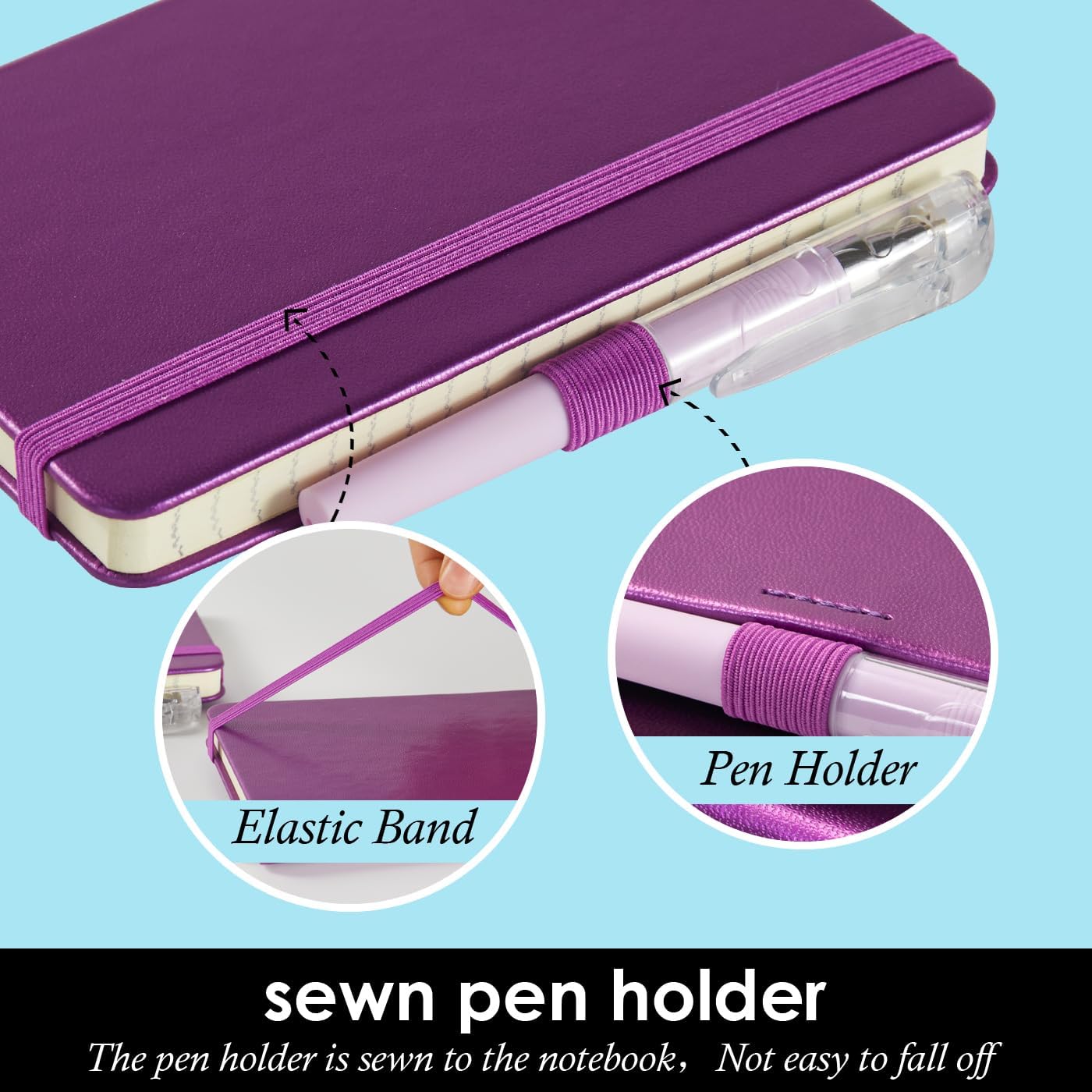 (3 Pack) Pocket Journal Notebook, Small Mini Notepad with Pens for Work, hardcover A6 Notebook 3.7" x 5.7" College Ruled with 100Gsm Premium Lined Paper, Pearlescent Purple