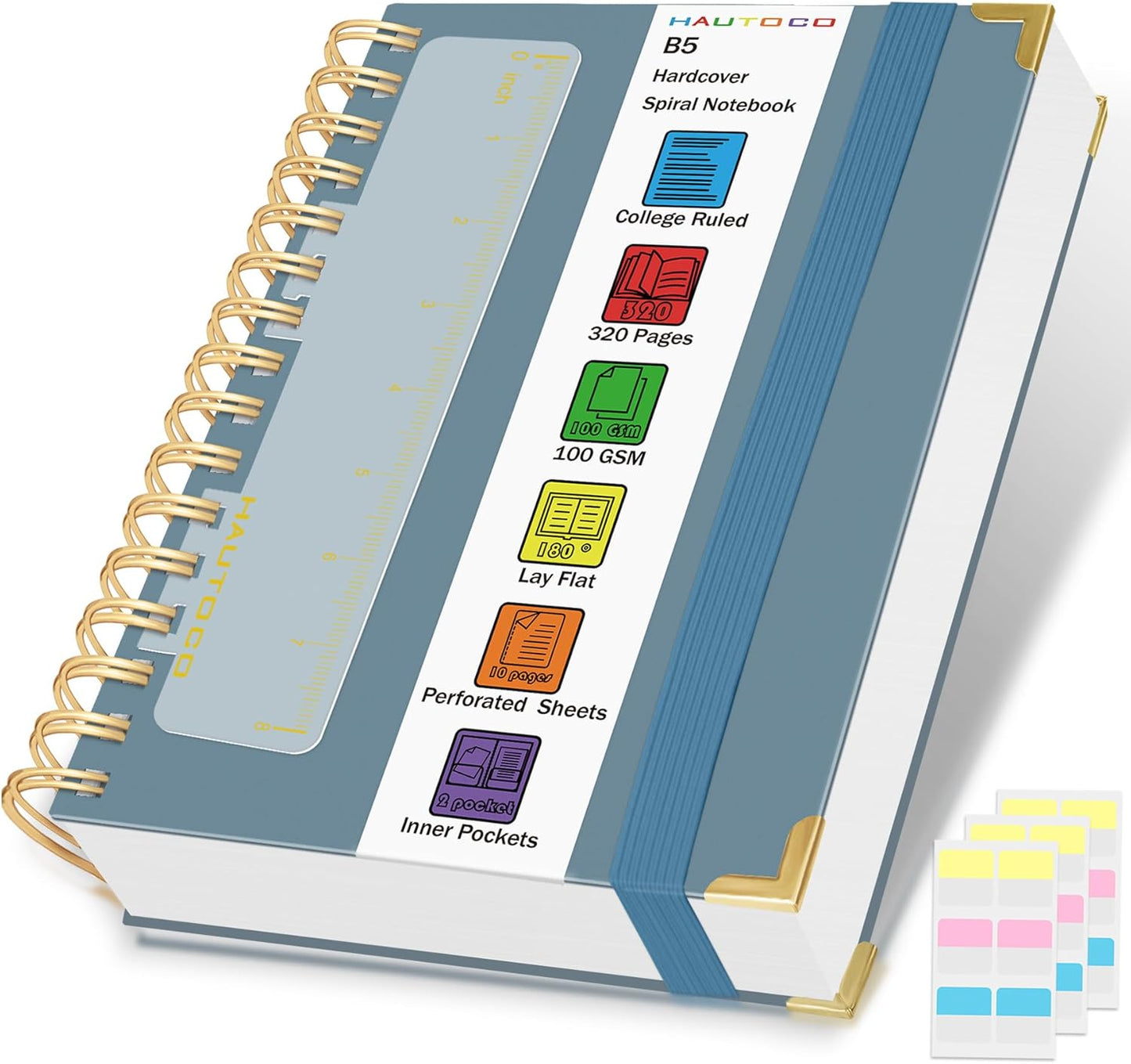 HAUTOCO Spiral Notebook College Ruled B5 Leather Bound Journal, 320 Pages, Hardcover Notebooks with tabs, 100 GSM Paper, 7"x 9.7" Lined Journaling Notebooks for Work Office School Business, Airy Blue