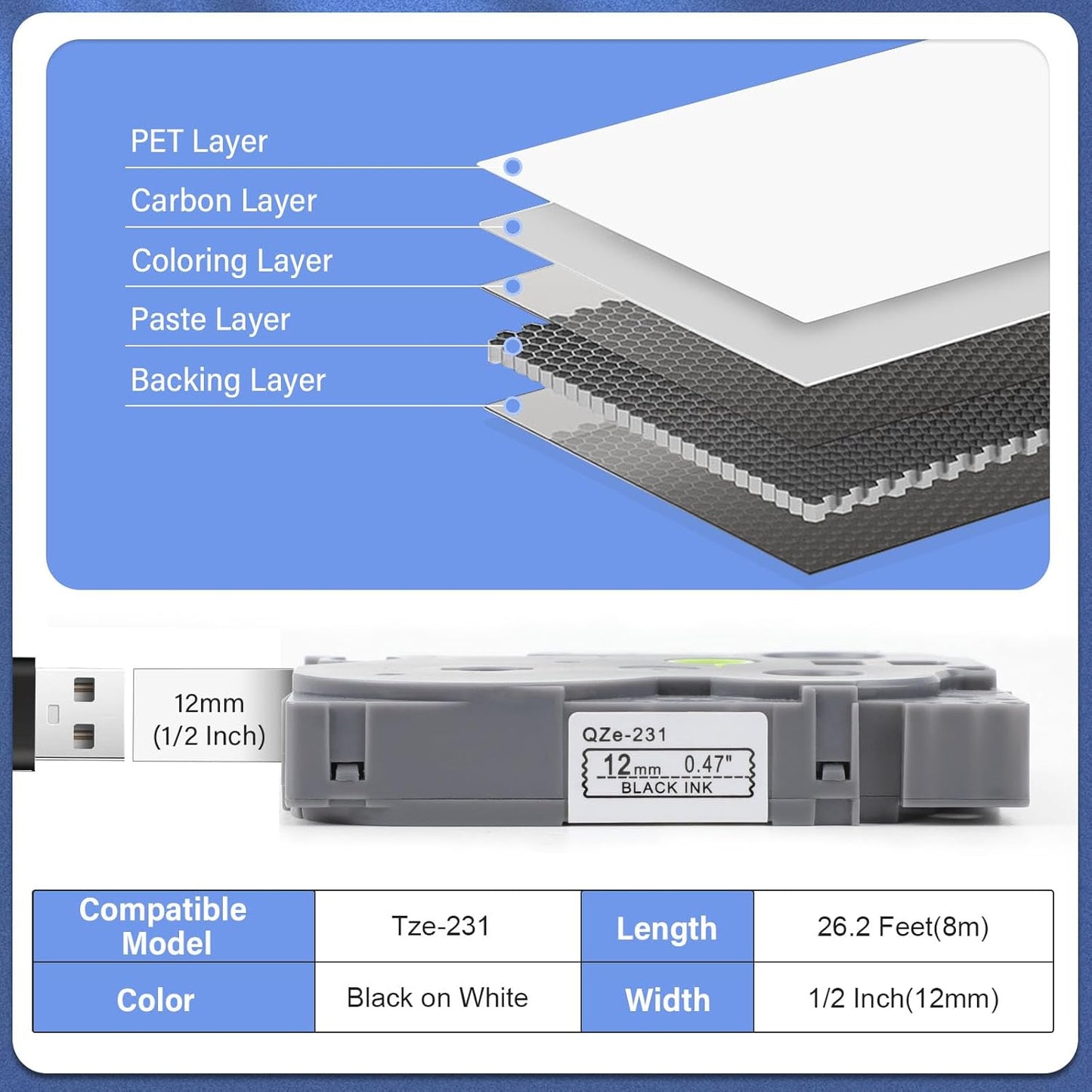20Pack TZe-231 Tape Label Maker Compatible with Brother P-Touch TZe-231 Tape, TZE231 ½” 0.47”x 26.2 ft Laminated Black on White, for use with PT-D210, PT-H110, PT-D220, PT-D410, PT-D600