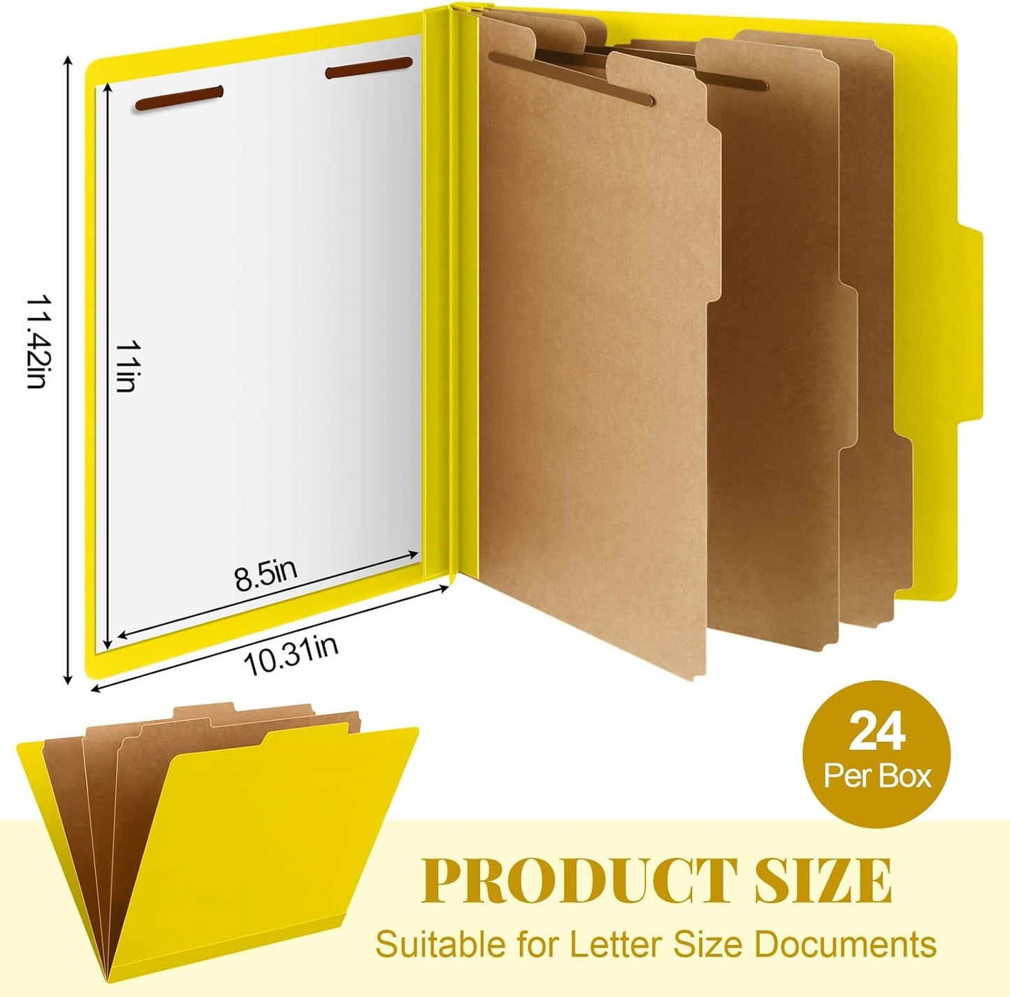 24 Pcs Classification Folders Letter Size, 3 Divider Pressboard File Folder with Fasteners, Expanding File Organizer Bulk for Teachers, Clergy, Office, Church, Christmas Donations (Yellow)