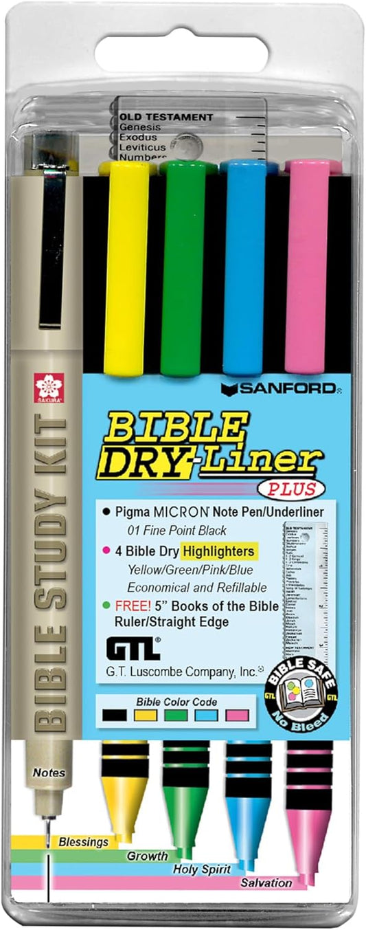 G.T. Luscombe Company, Inc. Bible Dry-Liner, Yellow, Green, Blue, Pink Highlighters, Pigma Micron 01 Black Ink, No Bleed, Underlining Writing Pen & Books of the Bible Ruler, 5-Piece Set Study Kit