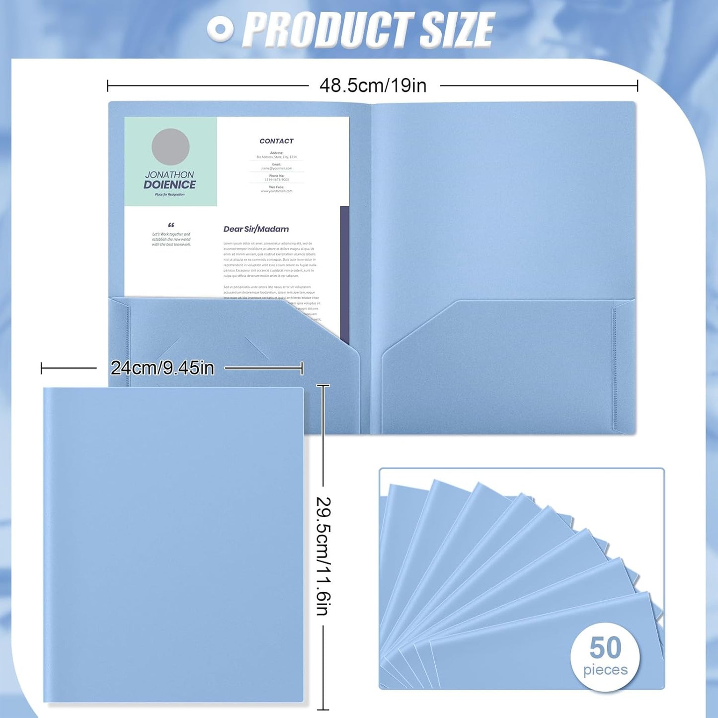 Gueevin 50 Pcs Plastic Folders with Pockets, Back to School Two Pocket Folder Fit Letter Size, Heavy Duty School Business Card Holder for Home Office, 11. 61 x 9. 45 Inches (Haze Blue)