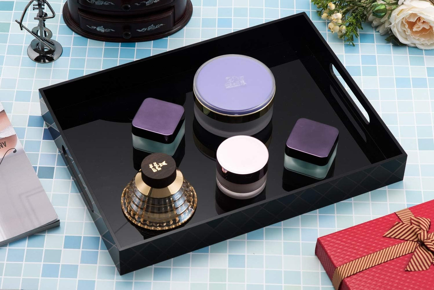 Glossy Black Sturdy Acrylic Serving Tray with Handles - 10x15 Inch, Coffee, Appetizer, Breakfast Tray - Butler, Kitchen to Vanity Table, Decorative