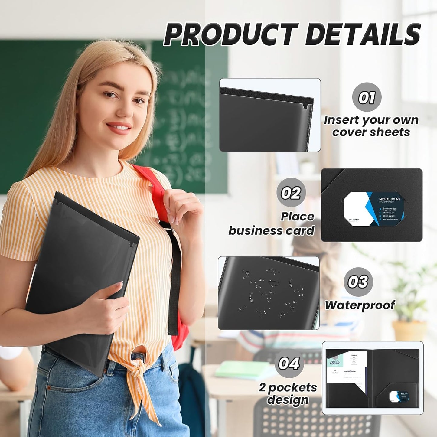 Henoyso 150 Pcs Plastic Folders with Clear Front Pockets Bulk Heavy Duty File Folders with 2 Pockets and Card Slot for Student Teacher Back to School Supplies Office Presentation (Black)