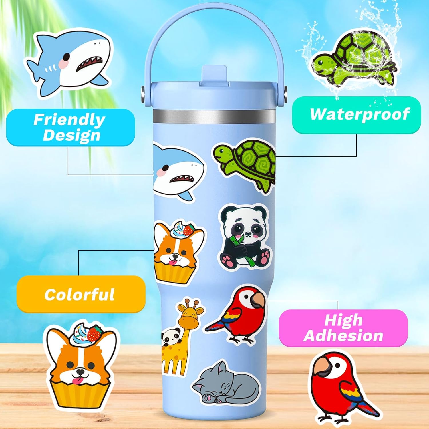 Water Bottle Stickers 100 Pcs Cute Kawaii Animal Sticker Pack, Waterproof Vinyl Animal Stickers for Water Bottles Scrapbook Journal Lunch Box Skateboard Notebook Diary Luggage Guitar Laptop Kindle etc