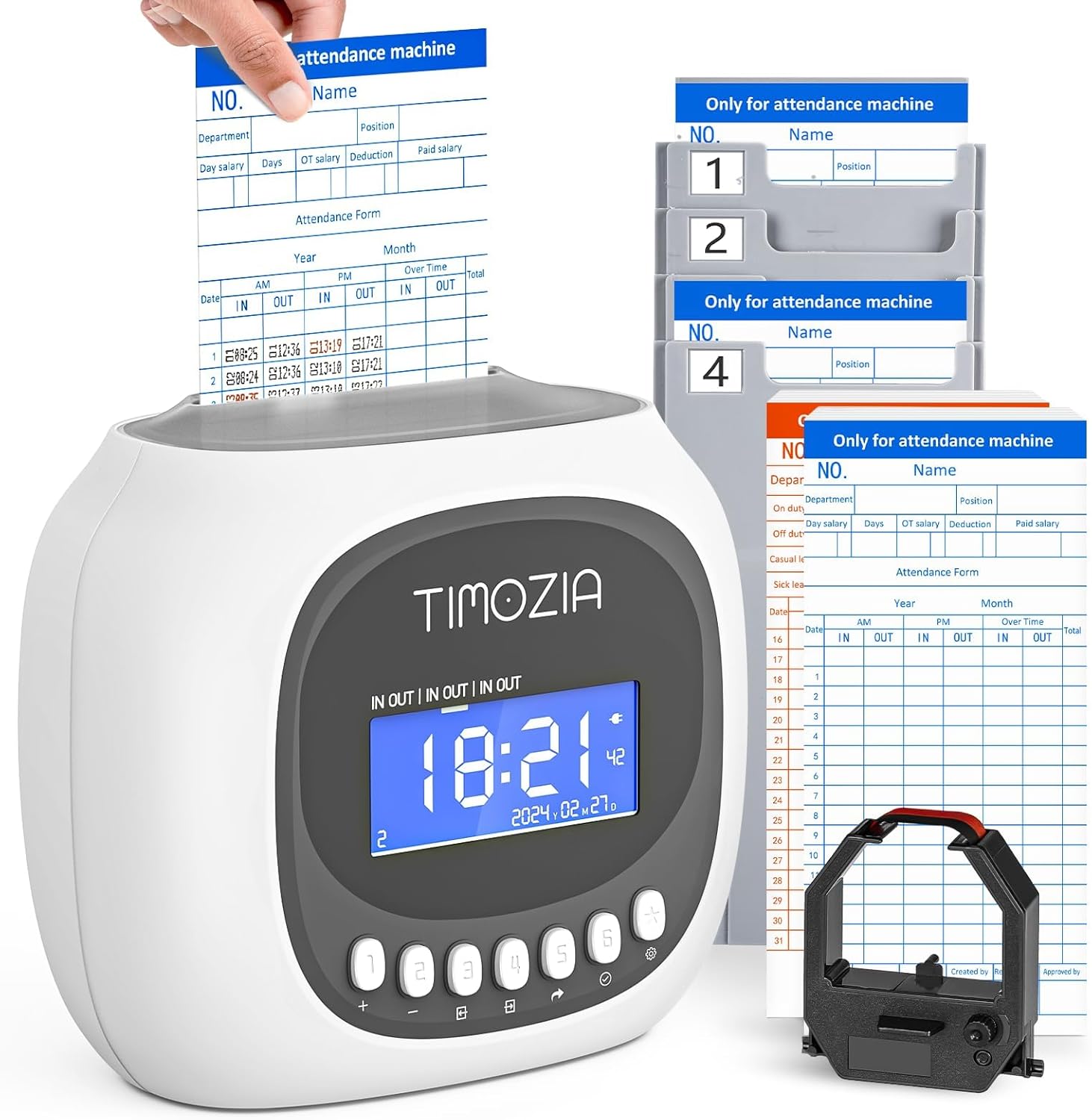 Time Clock with Passcode, Auto-Align Time Card Machine, 6 Punches per Day Time Clock Punch Machine with 100 Time Cards, 2 Ink Ribbons and 4 Racks(White, Military Time)