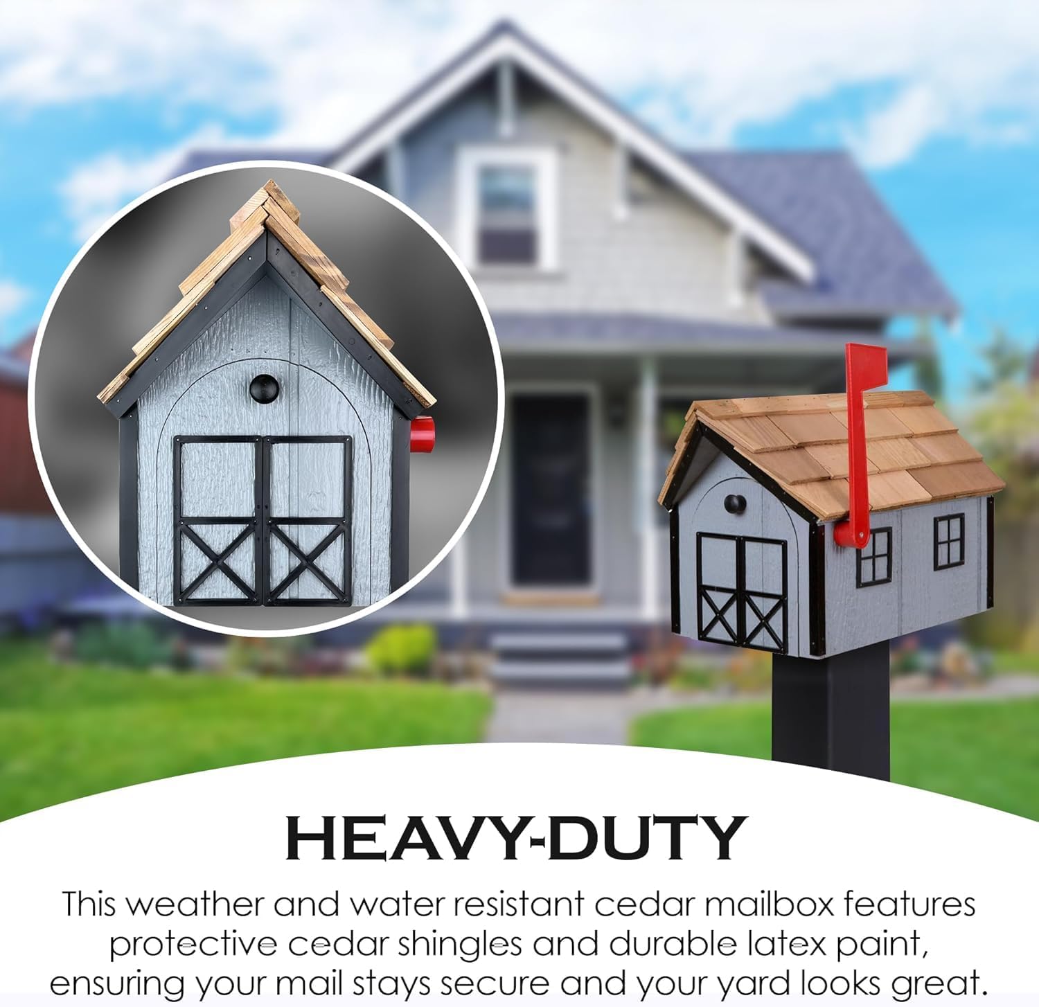 Peaceful Classics Amish Cedar Roof Wooden Mailbox with Window & Door Trim, Handcrafted Mailboxes for Outside, Post Mount Residential Mailboxes - (Green & White, Wood)