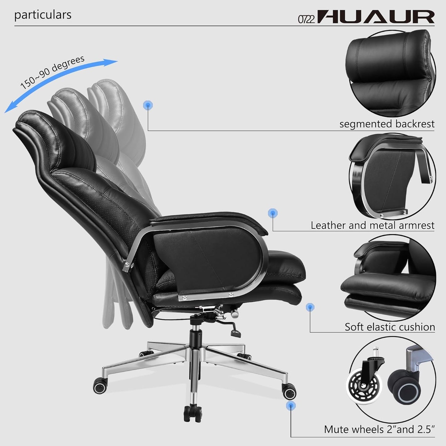 Genuine Leather Modern Executive Chair High-Back Support 90 to 150 Degrees Tilt and Upholstered Home Desk Chair with Base 360LB Capacity Swivel Computer Office Chair (Black)