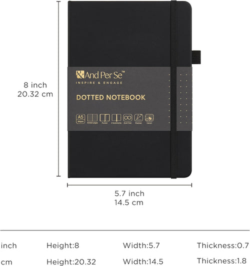 &And Per Se Bullet Dotted Journal Notebook, A5 Leather Hardcover, 176 Numbered Pages 100GSM Thick Dotted Paper, 2 Sheets of Stencils Included - 5.7'' x 8'' (Black)