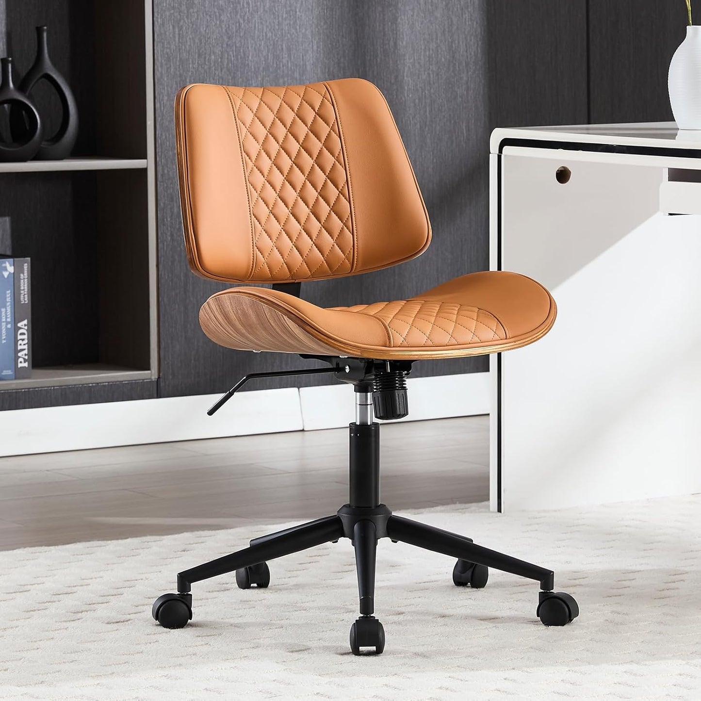 Home Office Chair No Arms with Wheels, Adjustable Height PU Leather Mid Back, 360 Swivel Computer Small Desk Chair, Armless Modern Walnut Style for Office, Reading Meeting Room(Brown)