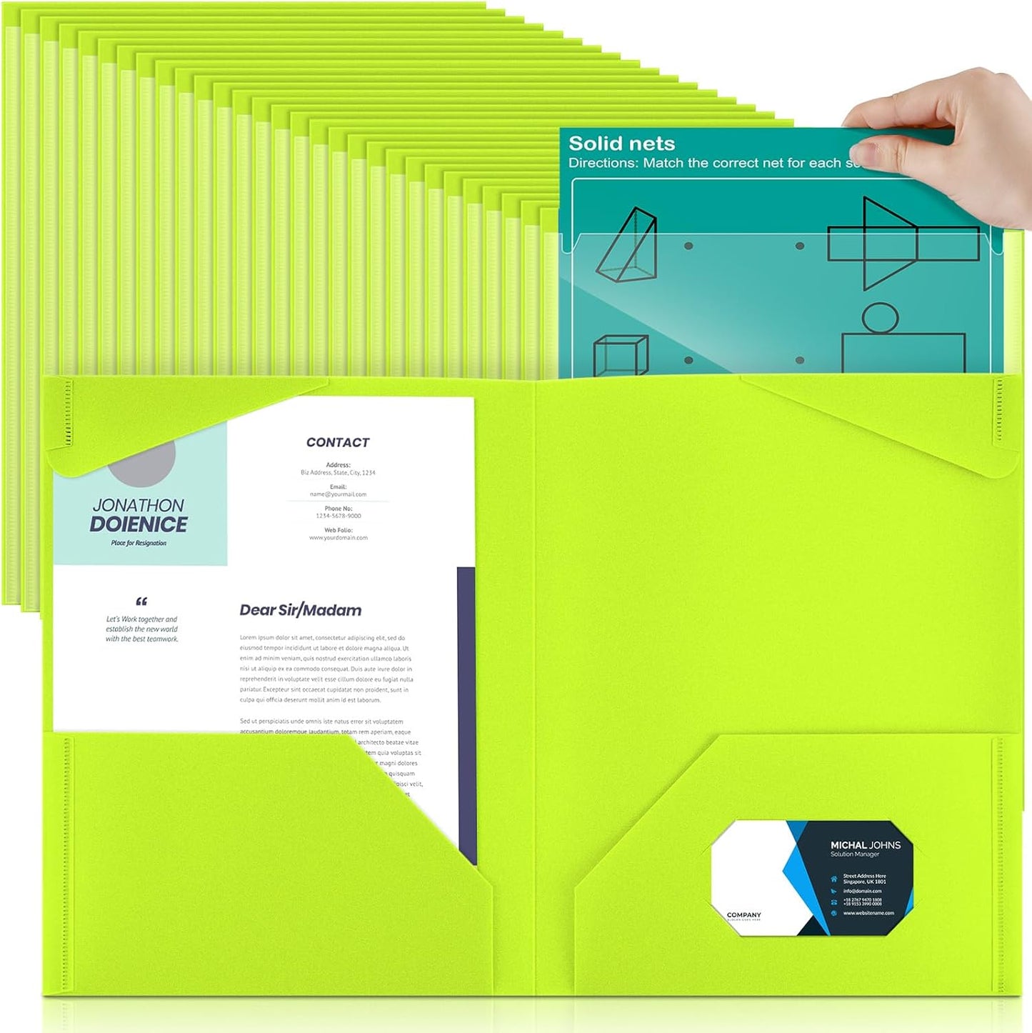 Henoyso 100 Pcs Plastic Folders with Clear Front Pockets Bulk Heavy Duty File Folders with 2 Pockets and Card Slot for Student Teacher Back to School Supplies Office Presentation (Fluorescent Green)