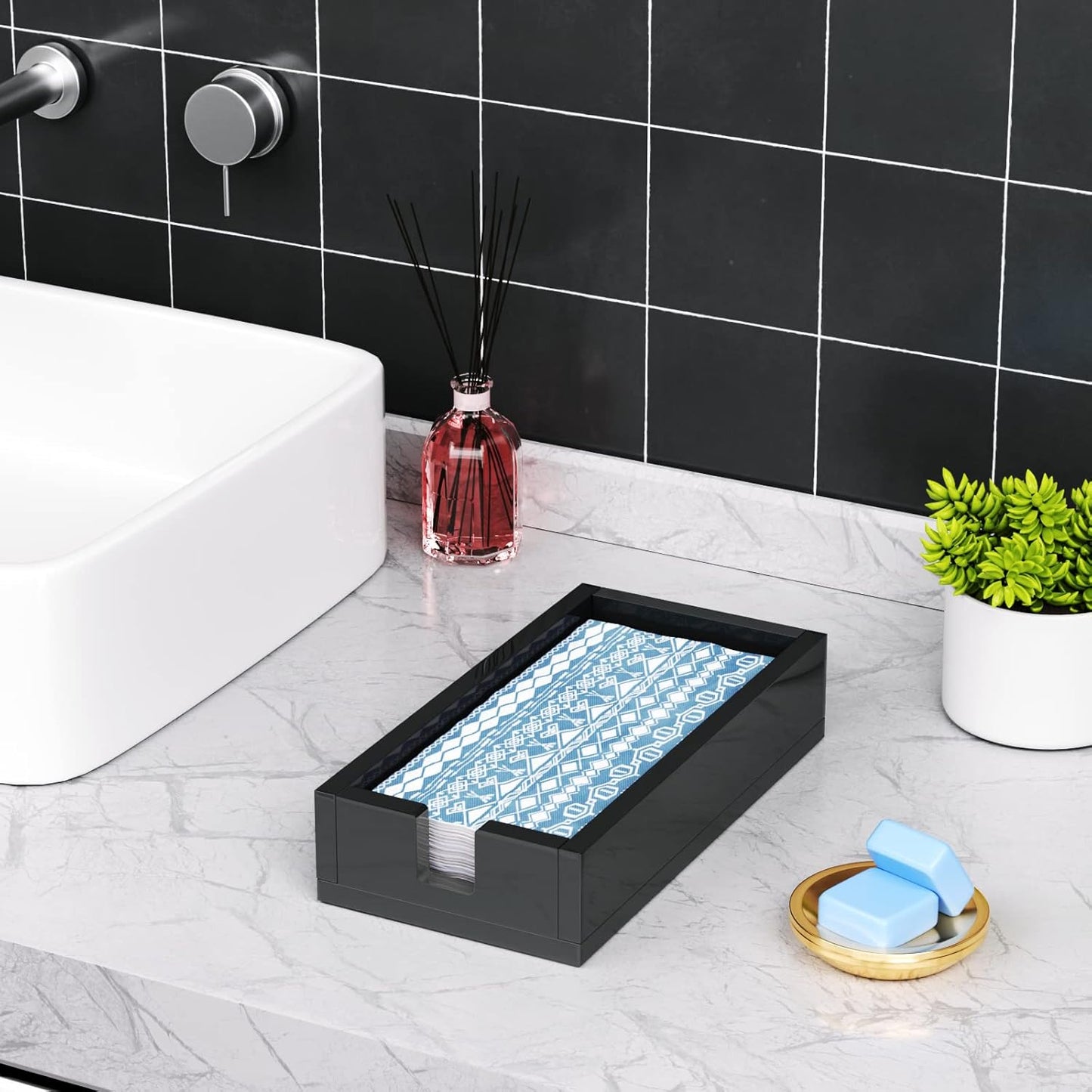 HIIMIEI Acrylic Napkin Holder for Bathroom, Black Acrylic Guest Towel Holder, Bathroom Napkins Guest Disposable Holder, Hand Towel Tray for Kitchen, Parties, Weddings, Party, Hotel, Restaurant（Black）