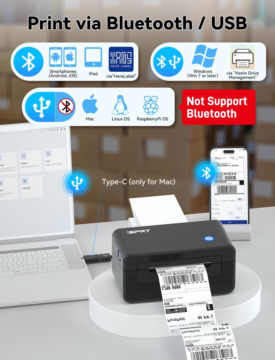 iDPRT Bluetooth Thermal Shipping Label Printer for Phone, 4x6, Supports Windows/Mac/iOS/Android, Ideal for Small Business and Shipping Packages