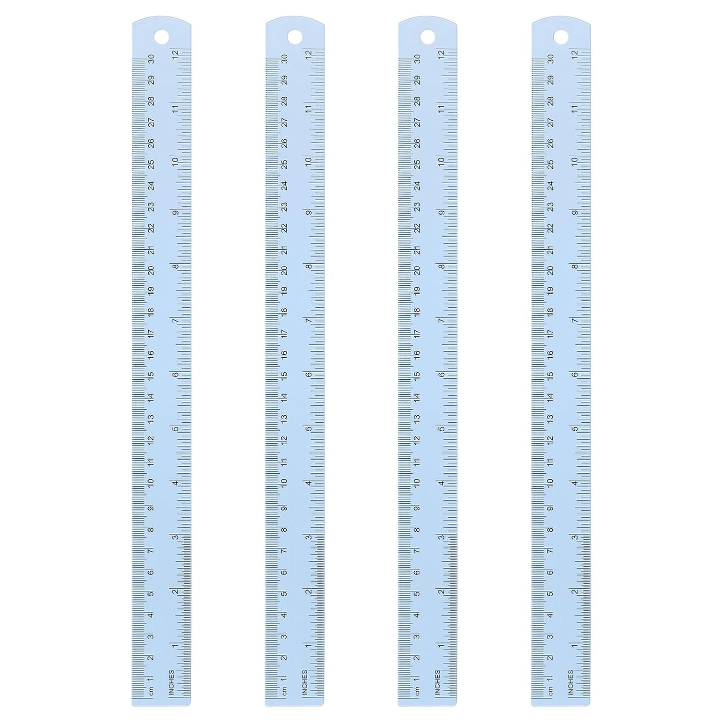 HARFINGTON 4pcs Metal Straight Ruler 30cm Metric SAE Aluminum Alloy Measuring Rulers Scale Tool with Hole for Measure Study Reading Classroom Office, Light Blue