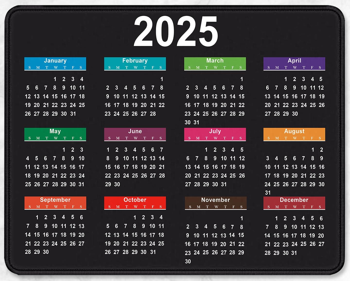 2025 Calendar Rectangular Stitched Edge Office Computer Mouse Pad, Anti Slip Rubber Desktop Gaming Mouse Pad (Black Calendar)
