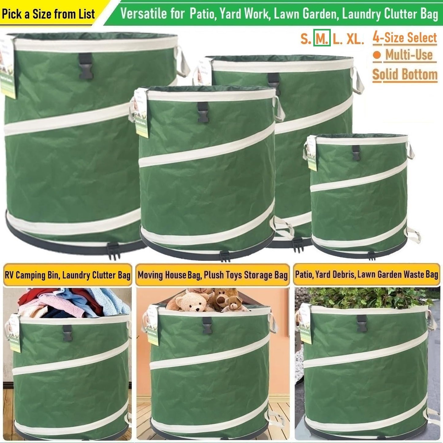 24-Gallon Collapsible Trash Can (19x21 in) Hard-Shell Bottom Yard Garden Bag for Yard Waste,Debris Bags,Pop-Up Trash Can,Recycling Bin,Camping Waste Bin,Laundry Hamper,Lawn Grass,Leaf Bag,Weeds Barrel