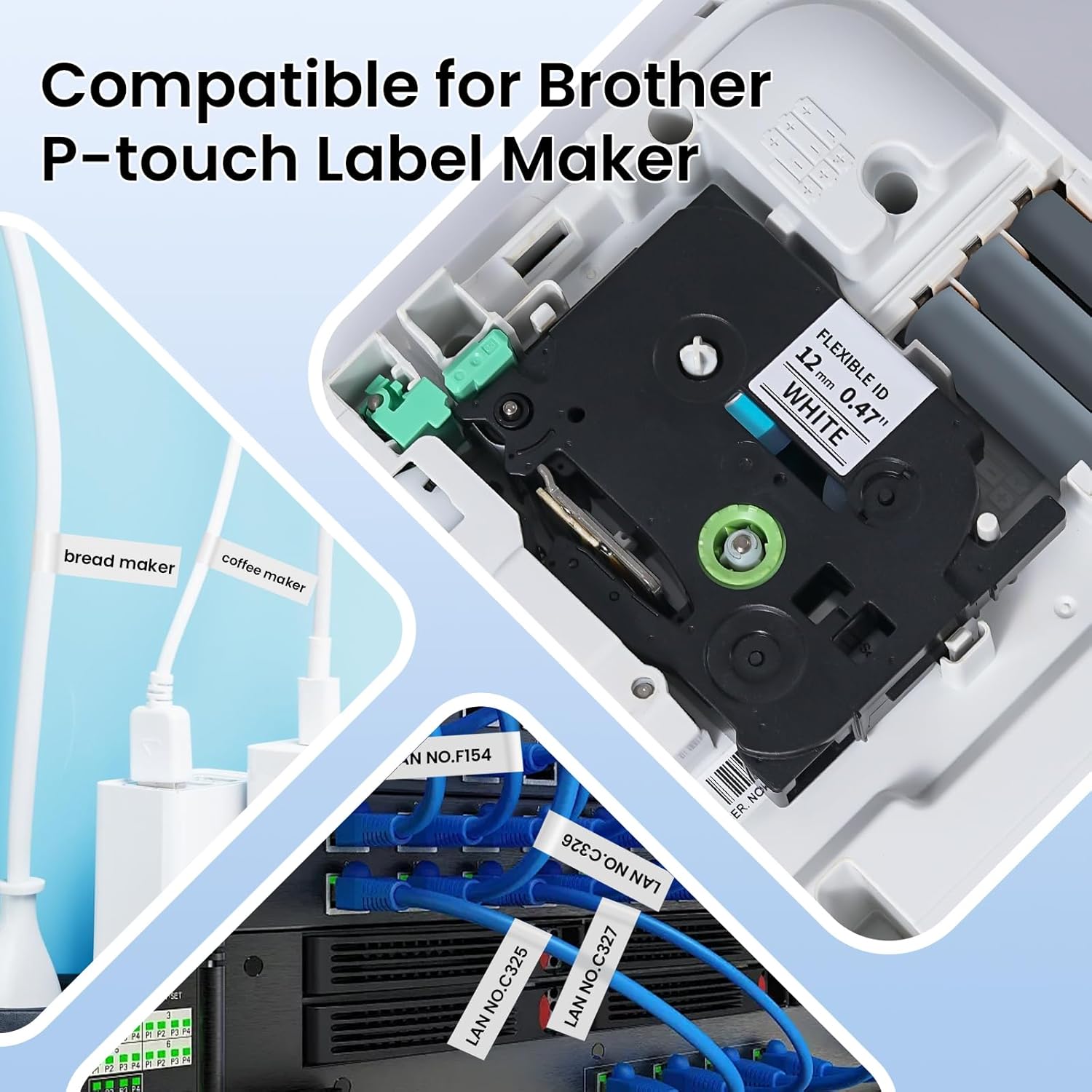 TZe-FX231 Flexible ID Laminated Cable Wire Labels 12mm 0.47 Laminated White Compatible with Brother P-Touch for Wire Wrapping and Flagging, 26.2FT/8M for PT-D210/D400/D600/H110 Label Makers