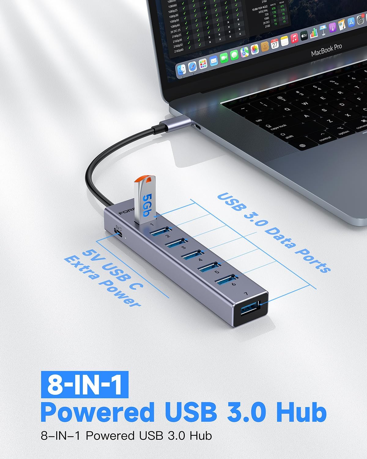 FORIDA USB C to USB Hub, 8 Ports USBC HUB with 7 USB 3.0 Data Ports, Aluminum Alloy Shell USB Splitter with USB C 5V/3A Power Port for Laptop PC and More