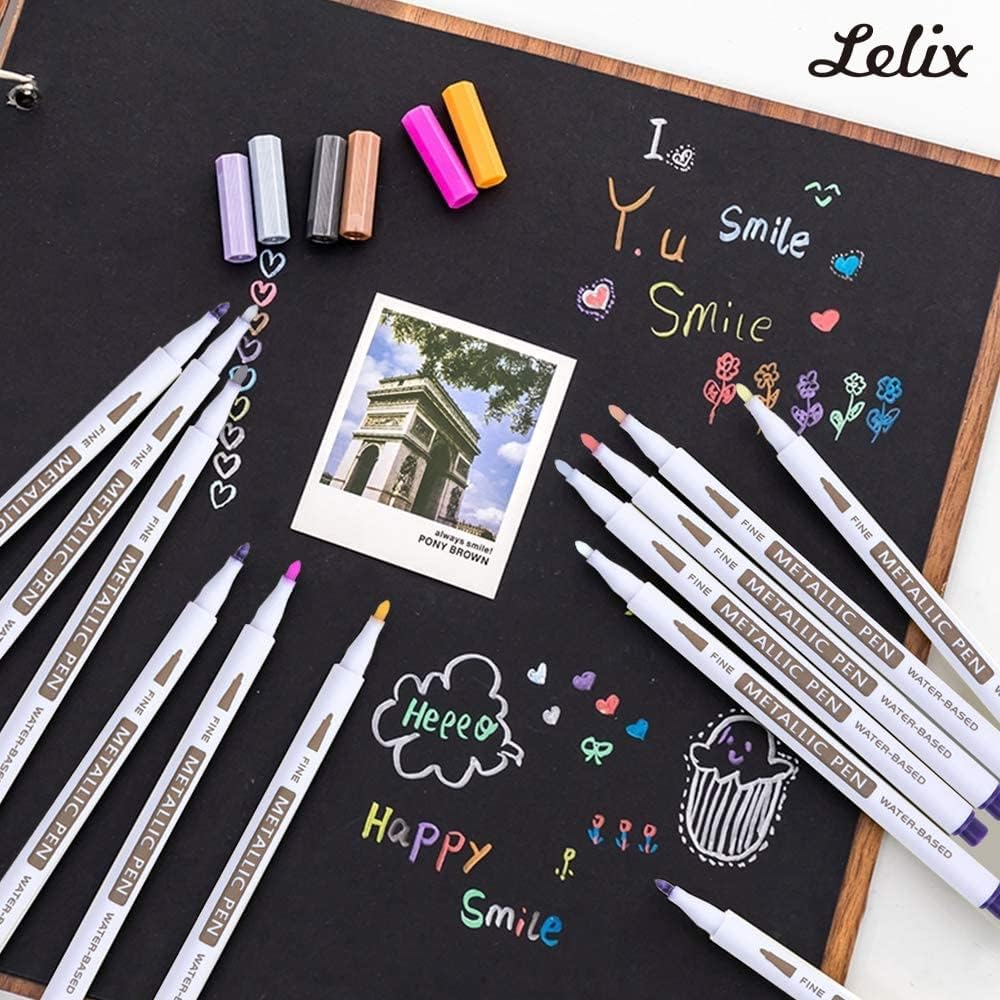 20 Colors Metallic Marker Pens, Lelix Fine Tip Paint Pens for DIY Photo Album, Black Paper, Card Making, Rock Art Painting, Scrapbooking, Glass, Metal, Wood
